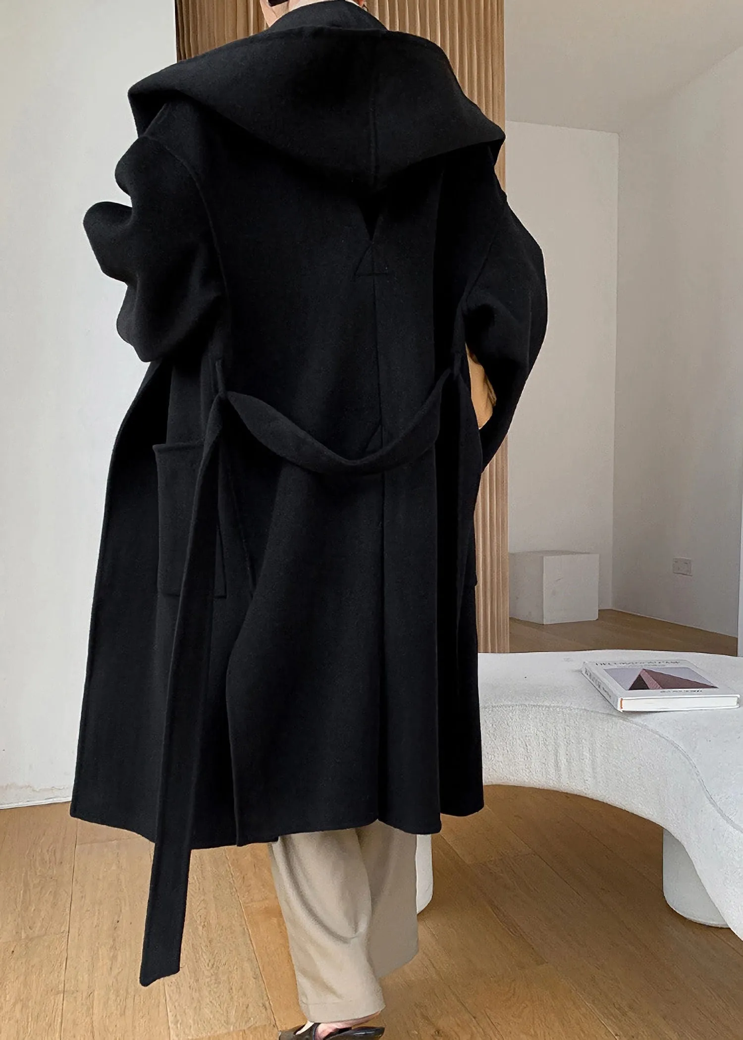 Hooded Double Face Pure Wool Belted Wrap Long Coat