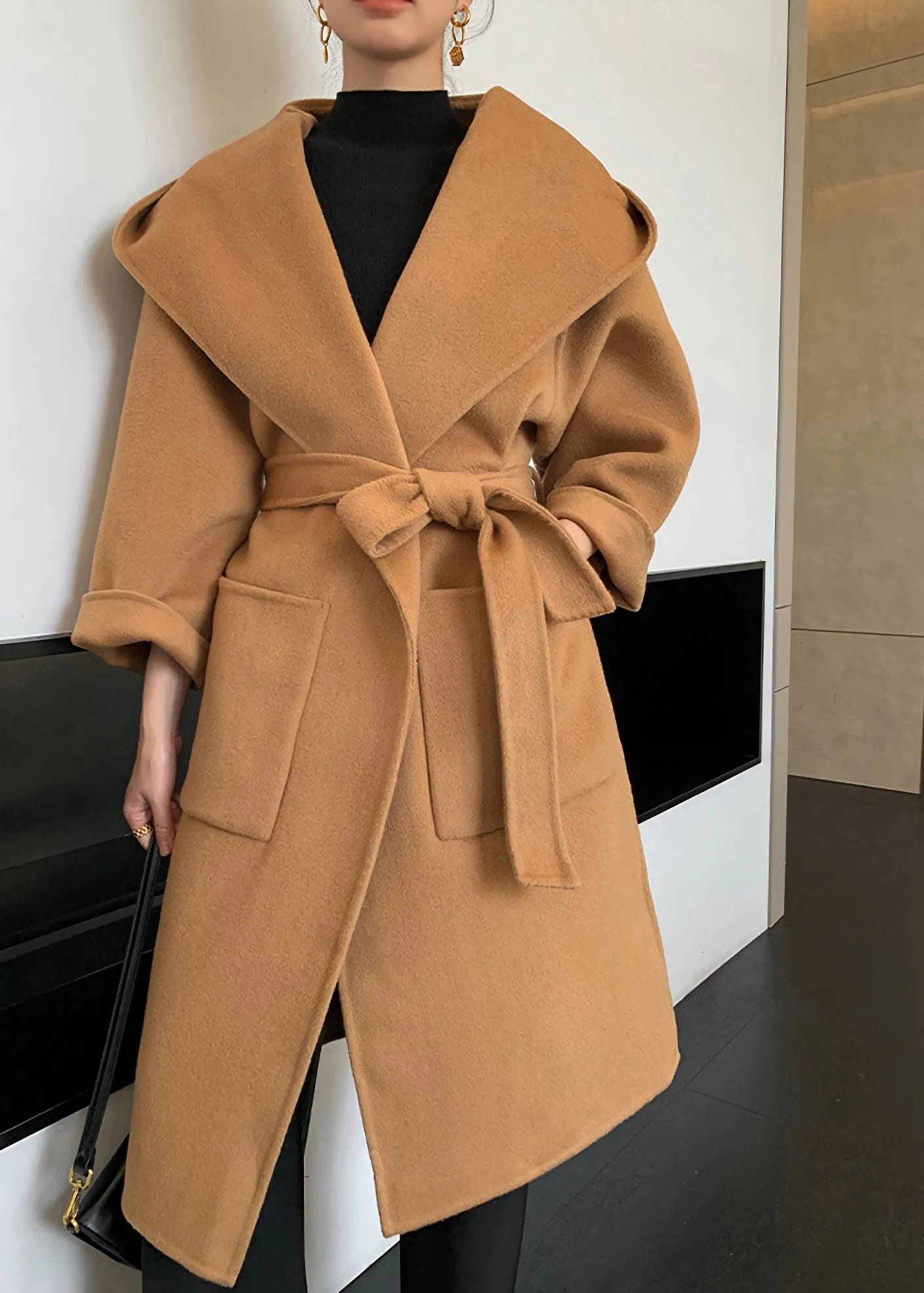 Hooded Double Face Pure Wool Belted Wrap Long Coat