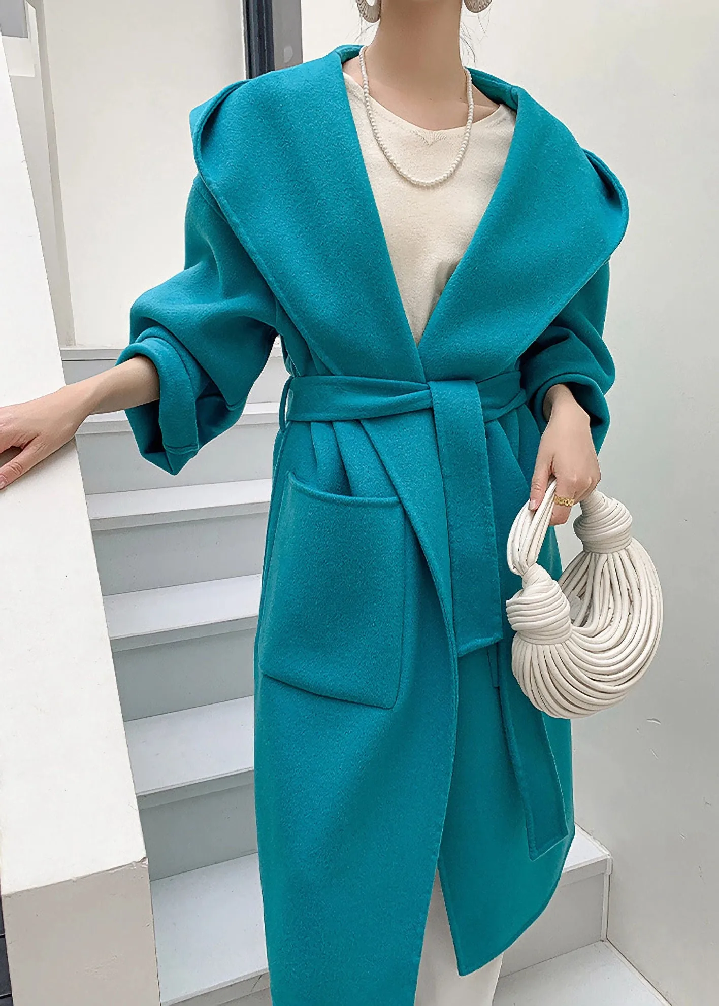 Hooded Double Face Pure Wool Belted Wrap Long Coat