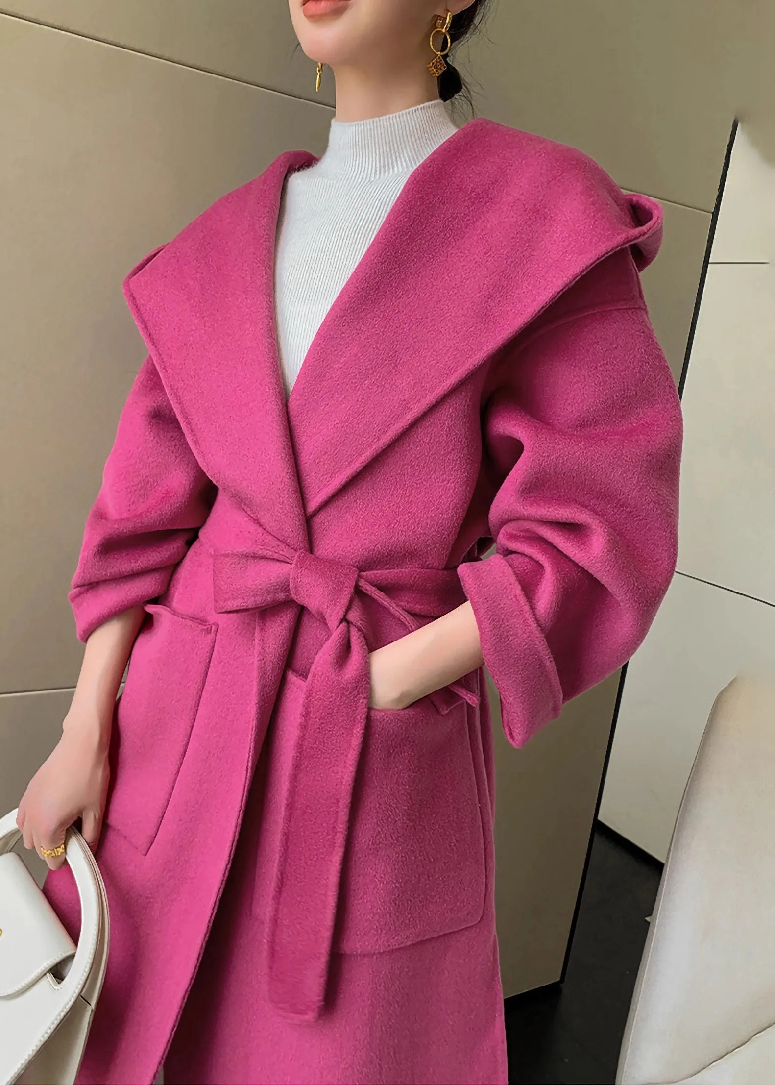 Hooded Double Face Pure Wool Belted Wrap Long Coat