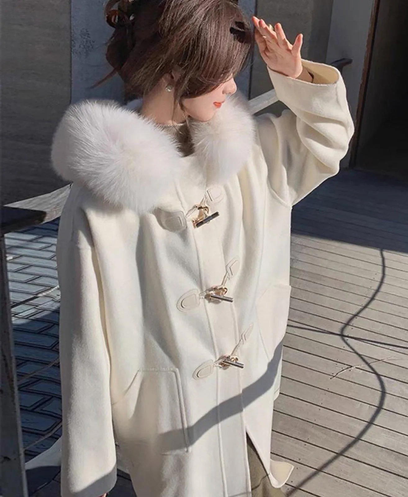 Hooded Fur Collar Wool Blend Duffle Coat