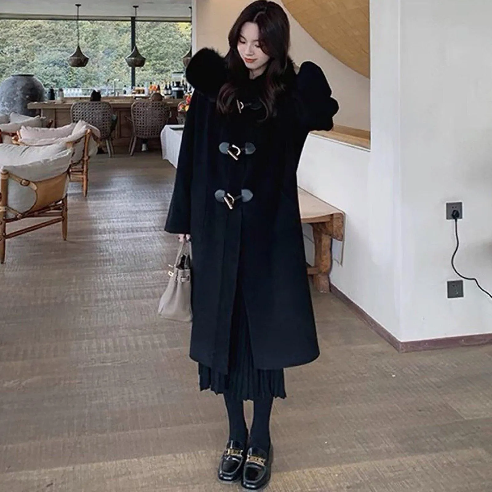 Hooded Fur Collar Wool Blend Duffle Coat