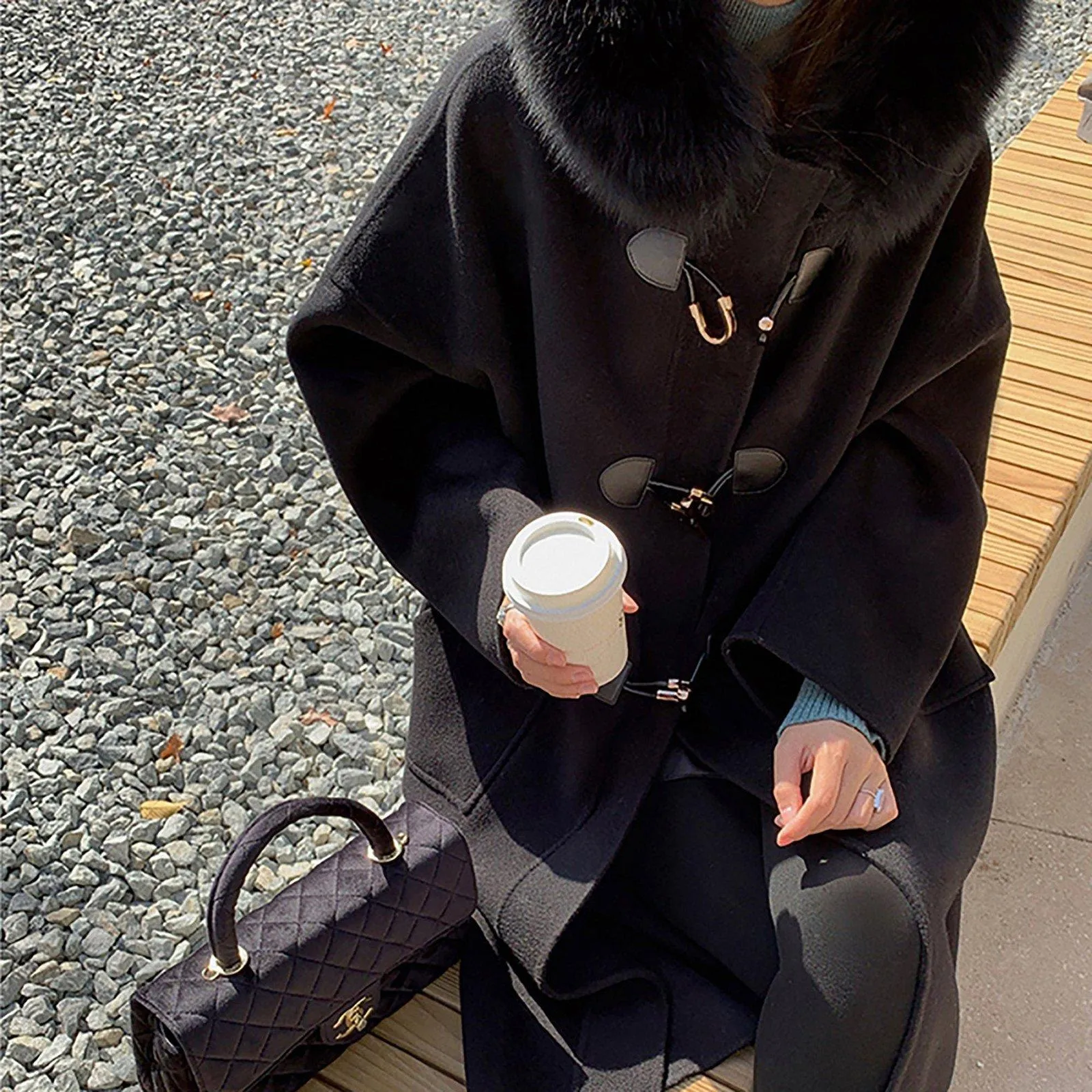 Hooded Fur Collar Wool Blend Duffle Coat