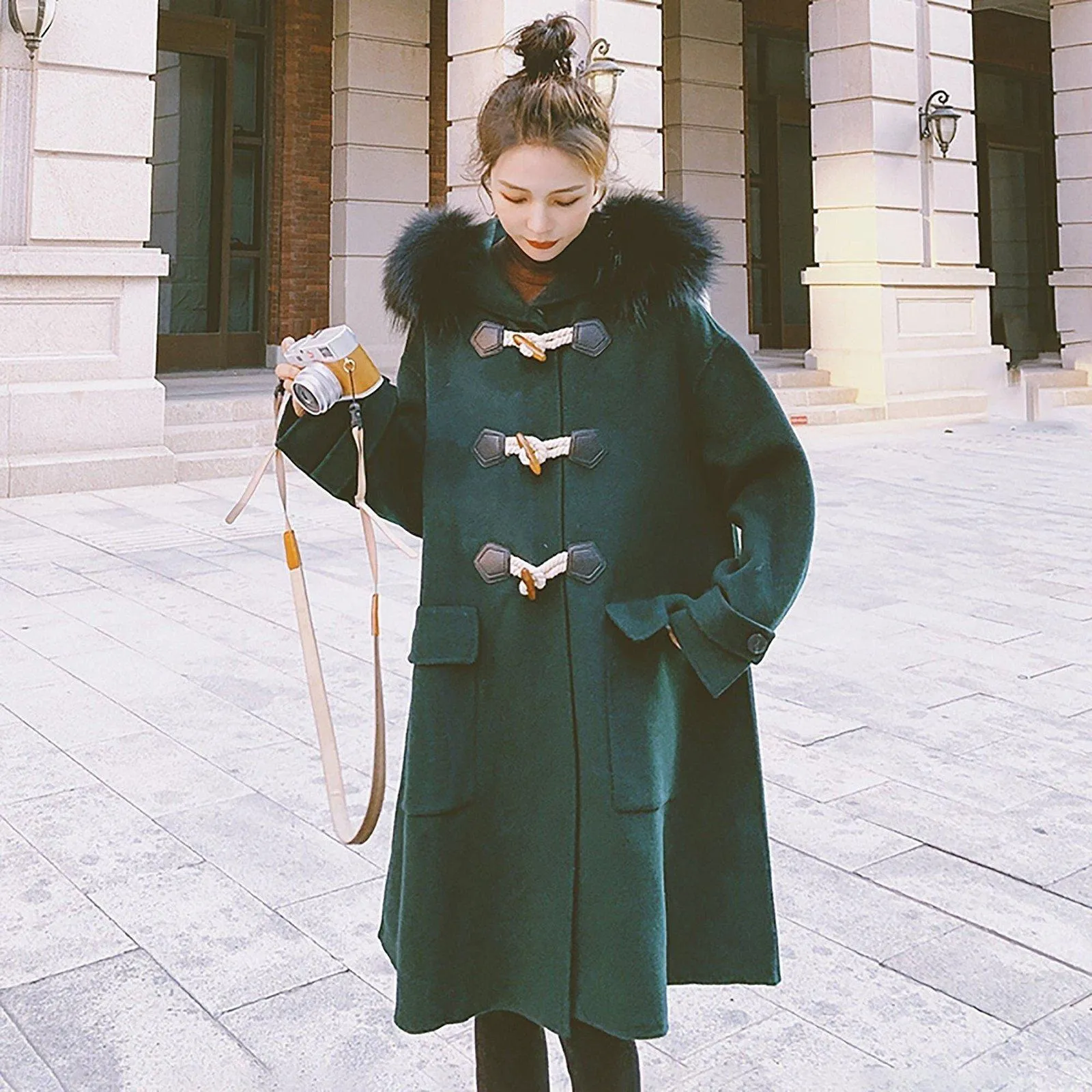 Hooded Fur Collar Wool Blend Duffle Coat