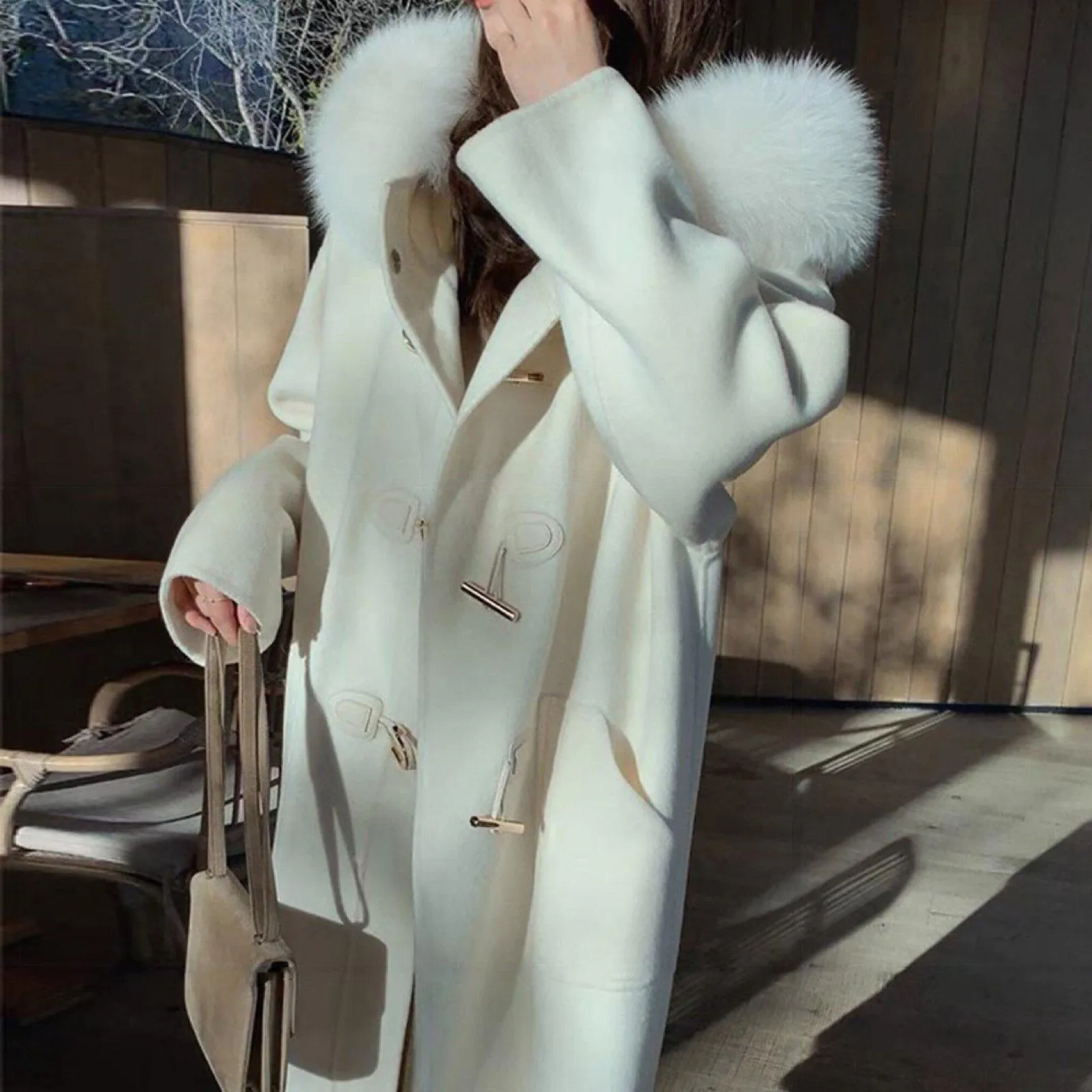 Hooded Fur Collar Wool Blend Duffle Coat