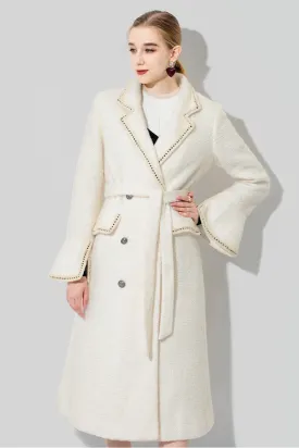 Ivory Tweed Thick Wool Blend Double Breasted Coat