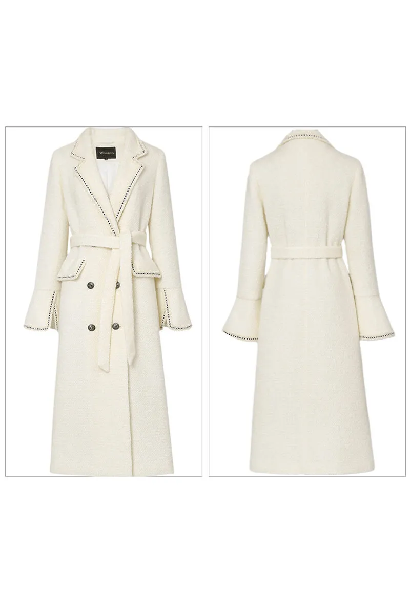 Ivory Tweed Thick Wool Blend Double Breasted Coat