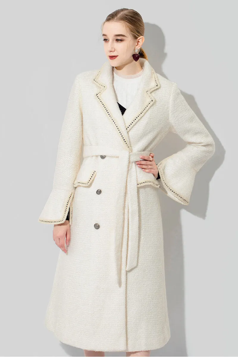 Ivory Tweed Thick Wool Blend Double Breasted Coat