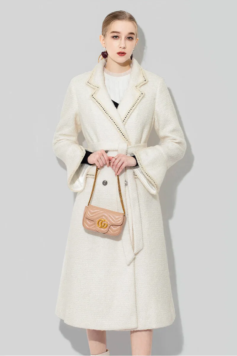 Ivory Tweed Thick Wool Blend Double Breasted Coat