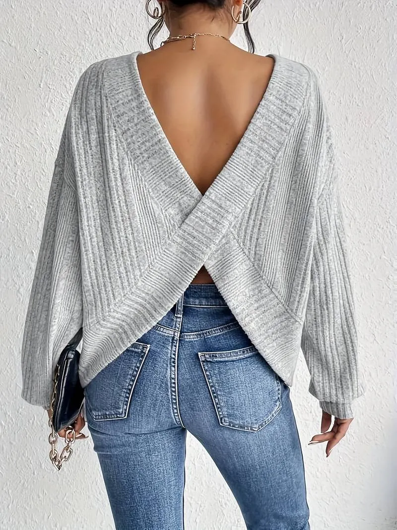 Karen - Women's Backless Rib Knit Sweater