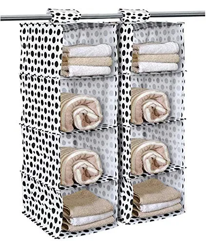 Kuber Industries Dot Print Non Woven Hanging 4 Shelves Foldable Wardrobe/Closet Cloth Organizer (Black & White)-Pack of 2-KUBMART15340