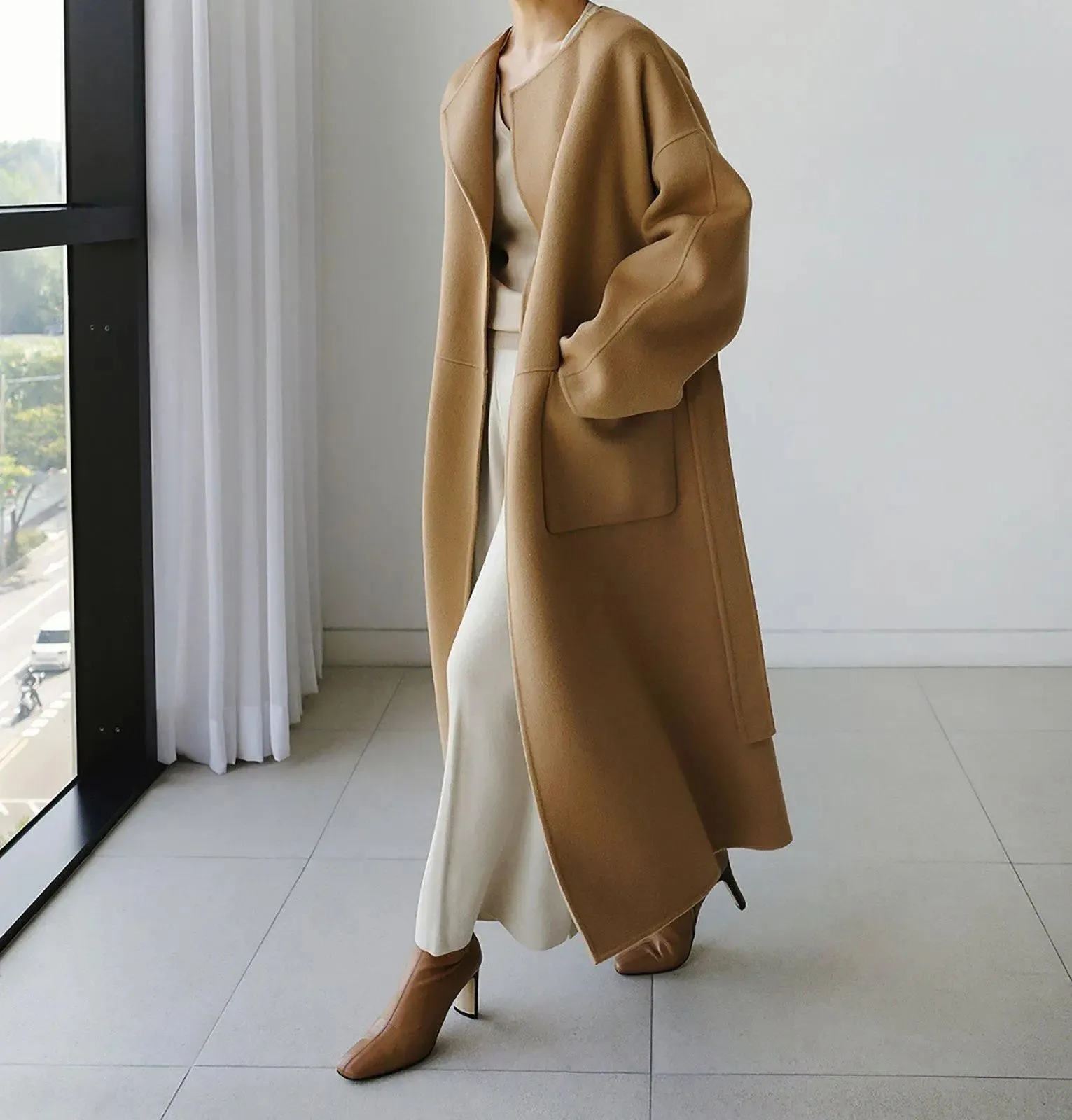 Loose Neckless Belted Long Sleeve Wool Blend Long Coat