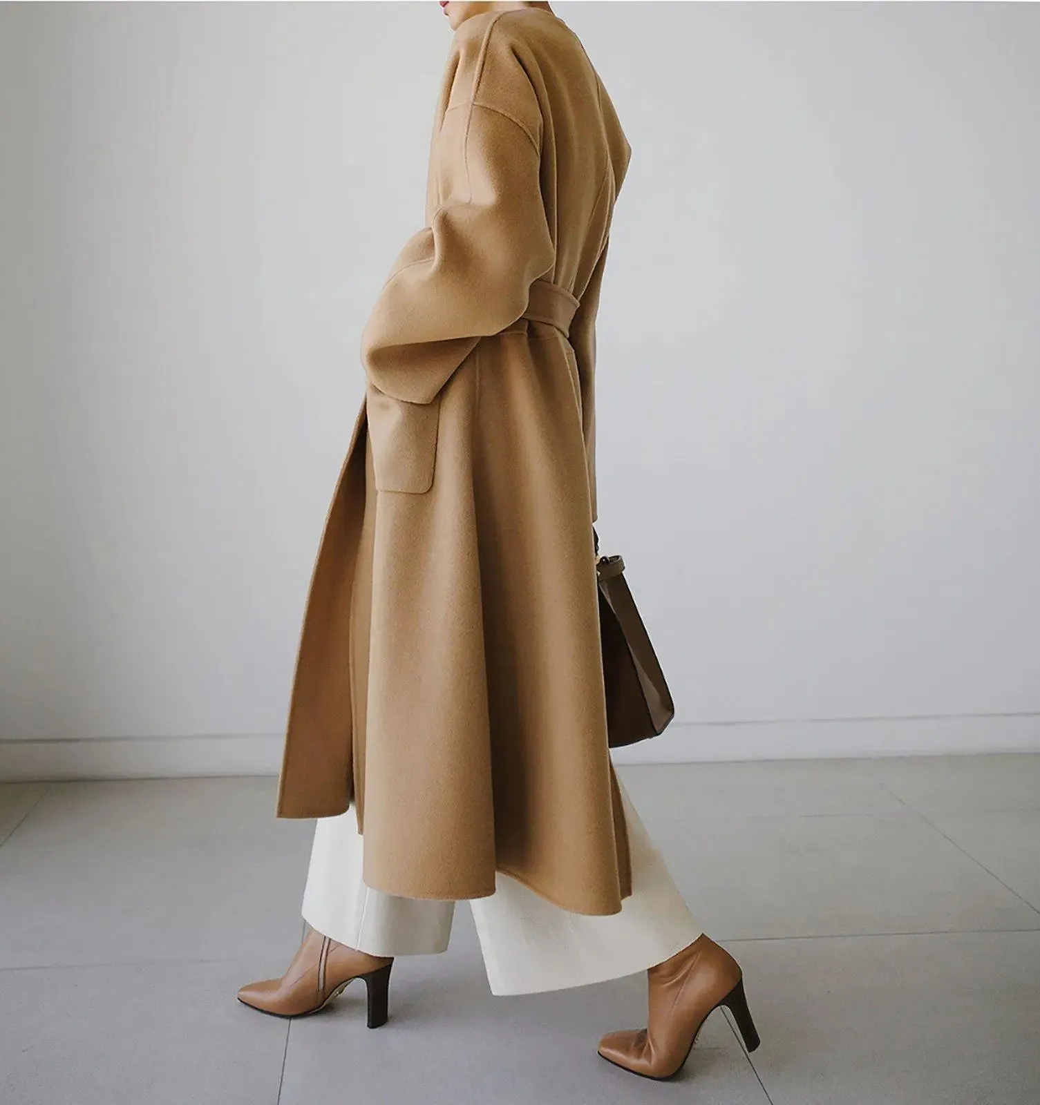 Loose Neckless Belted Long Sleeve Wool Blend Long Coat