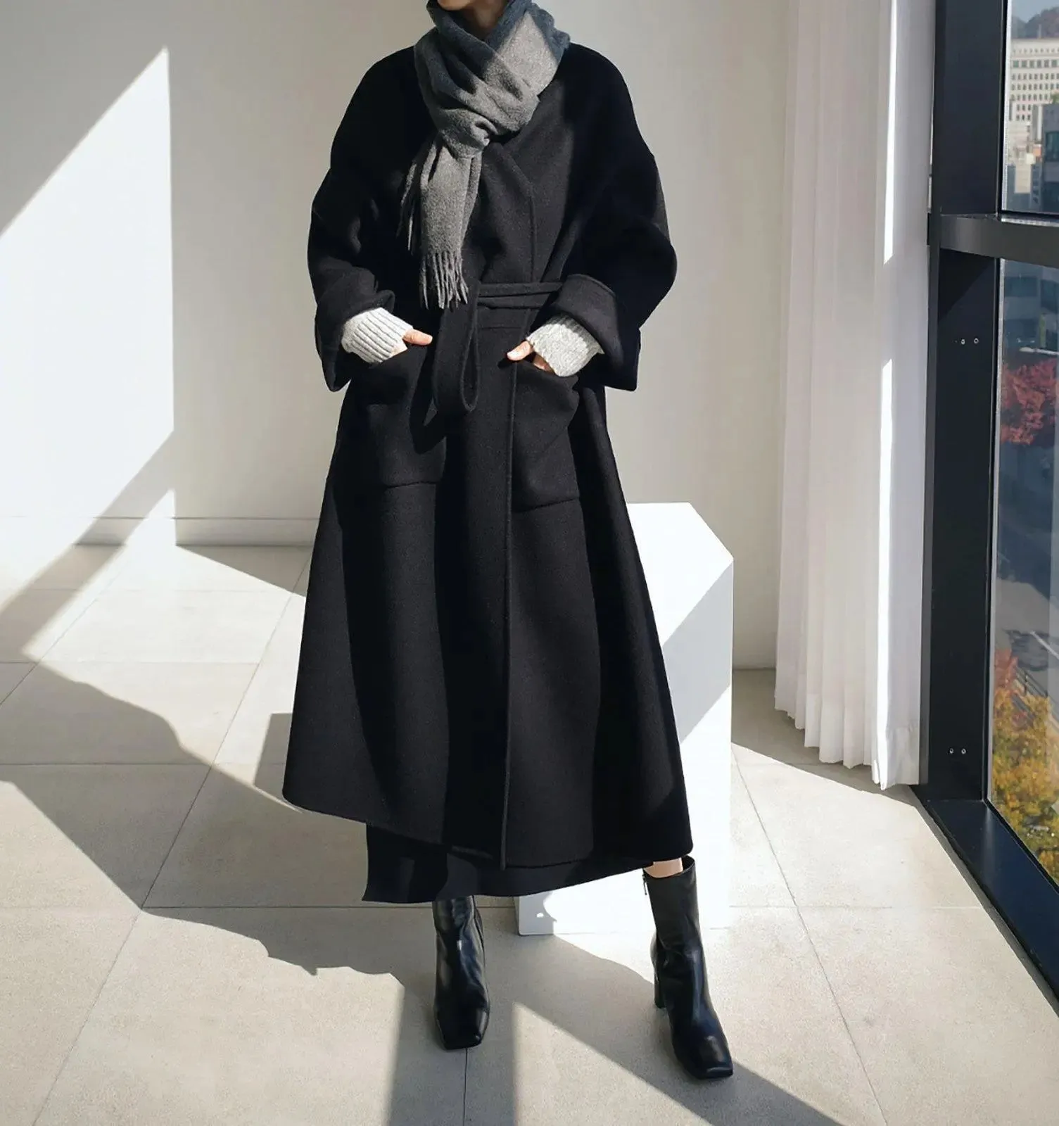 Loose Neckless Belted Long Sleeve Wool Blend Long Coat