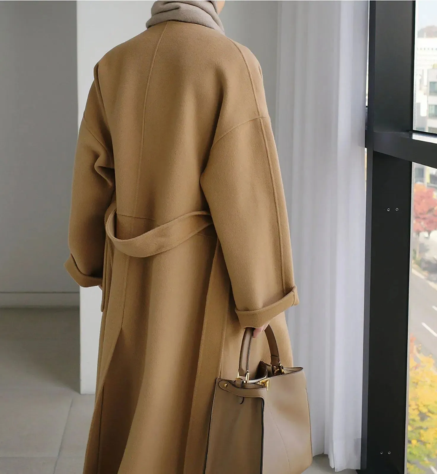 Loose Neckless Belted Long Sleeve Wool Blend Long Coat