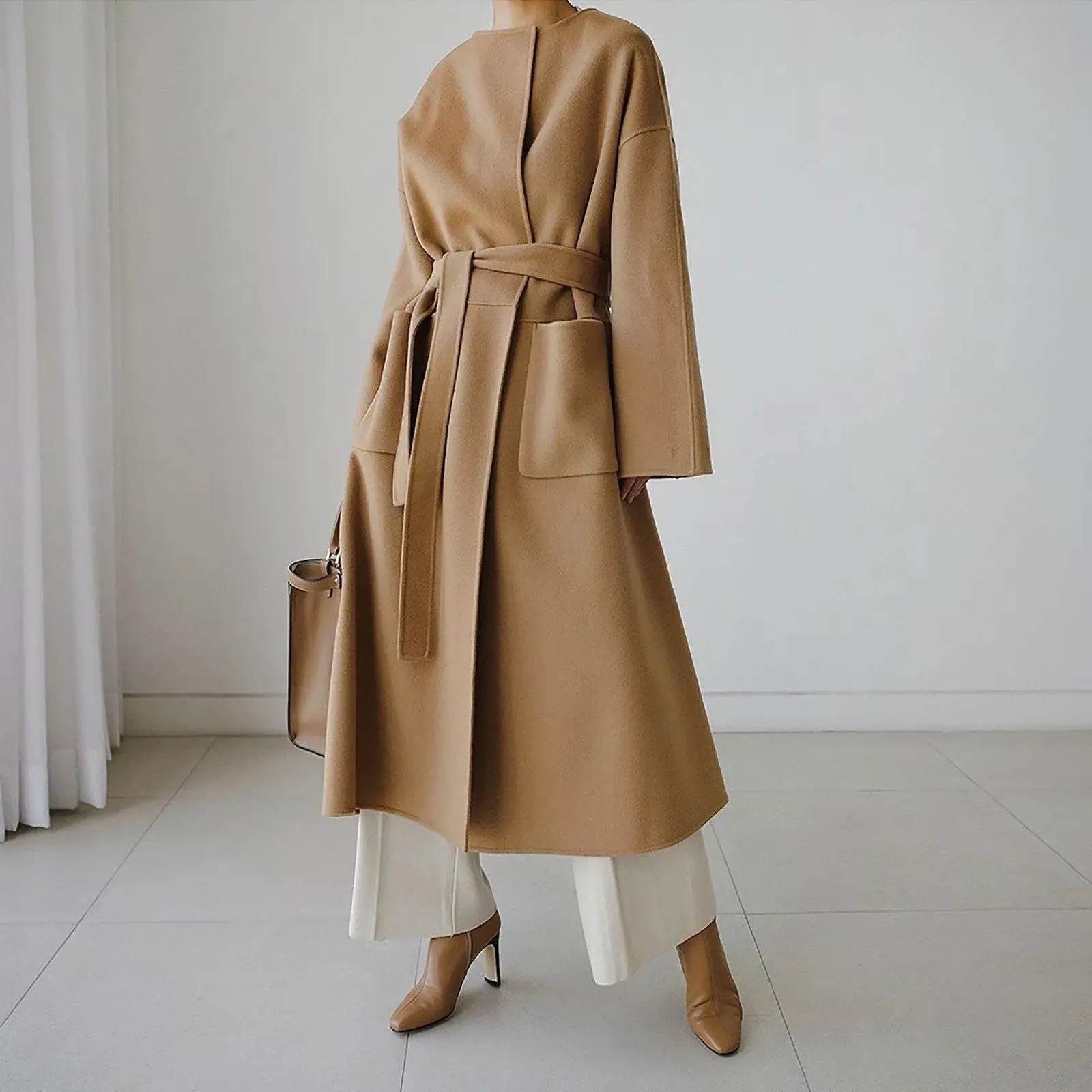 Loose Neckless Belted Long Sleeve Wool Blend Long Coat