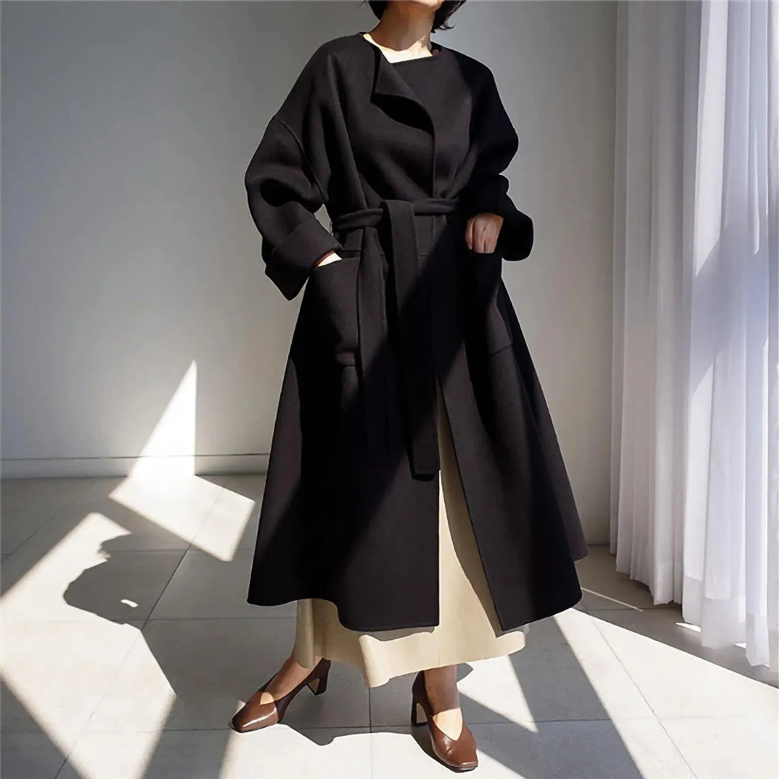 Loose Neckless Belted Long Sleeve Wool Blend Long Coat