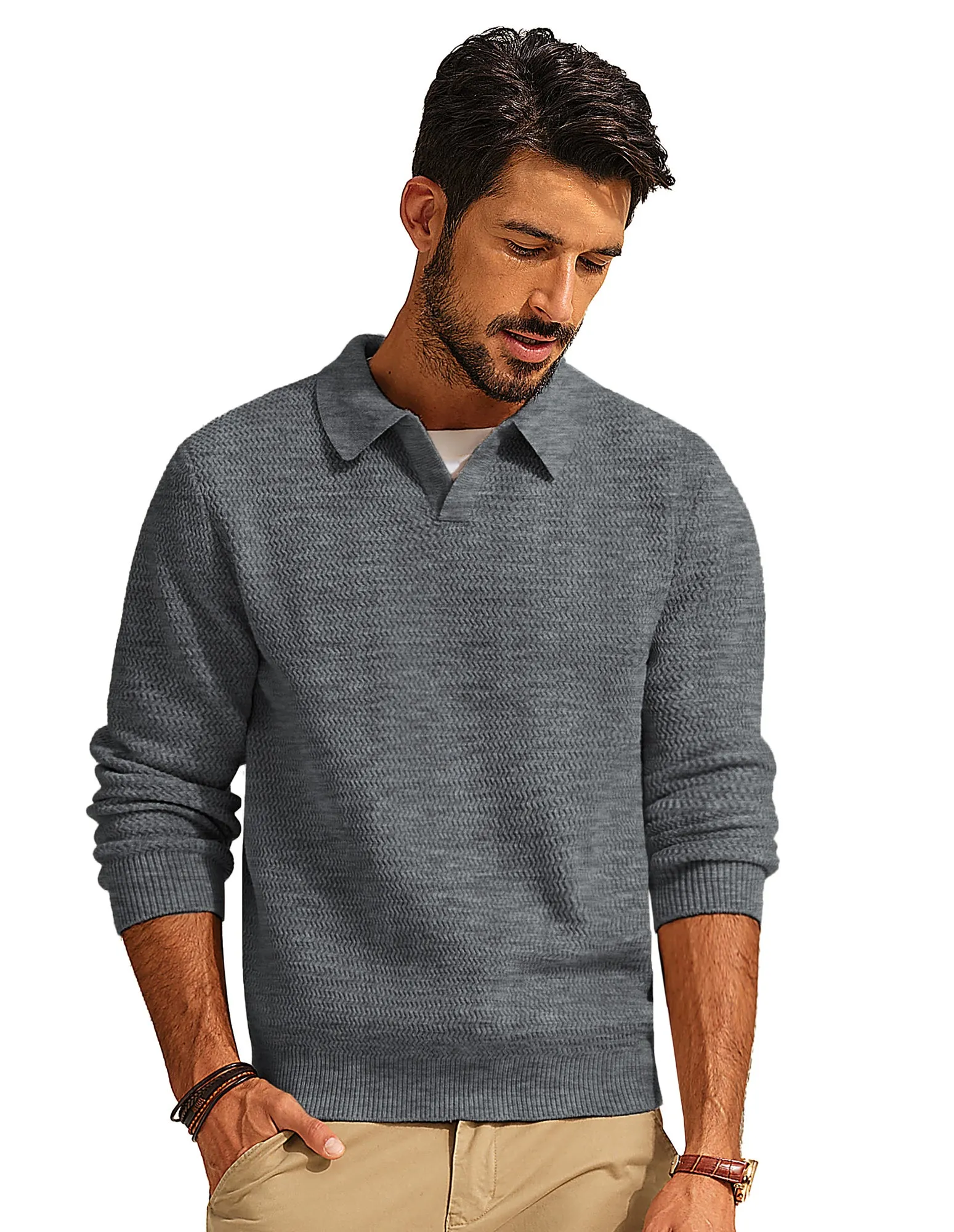 Men Fully Textured Sweater Long Sleeve Lapel Collar V-Neck Pullover Knitwear