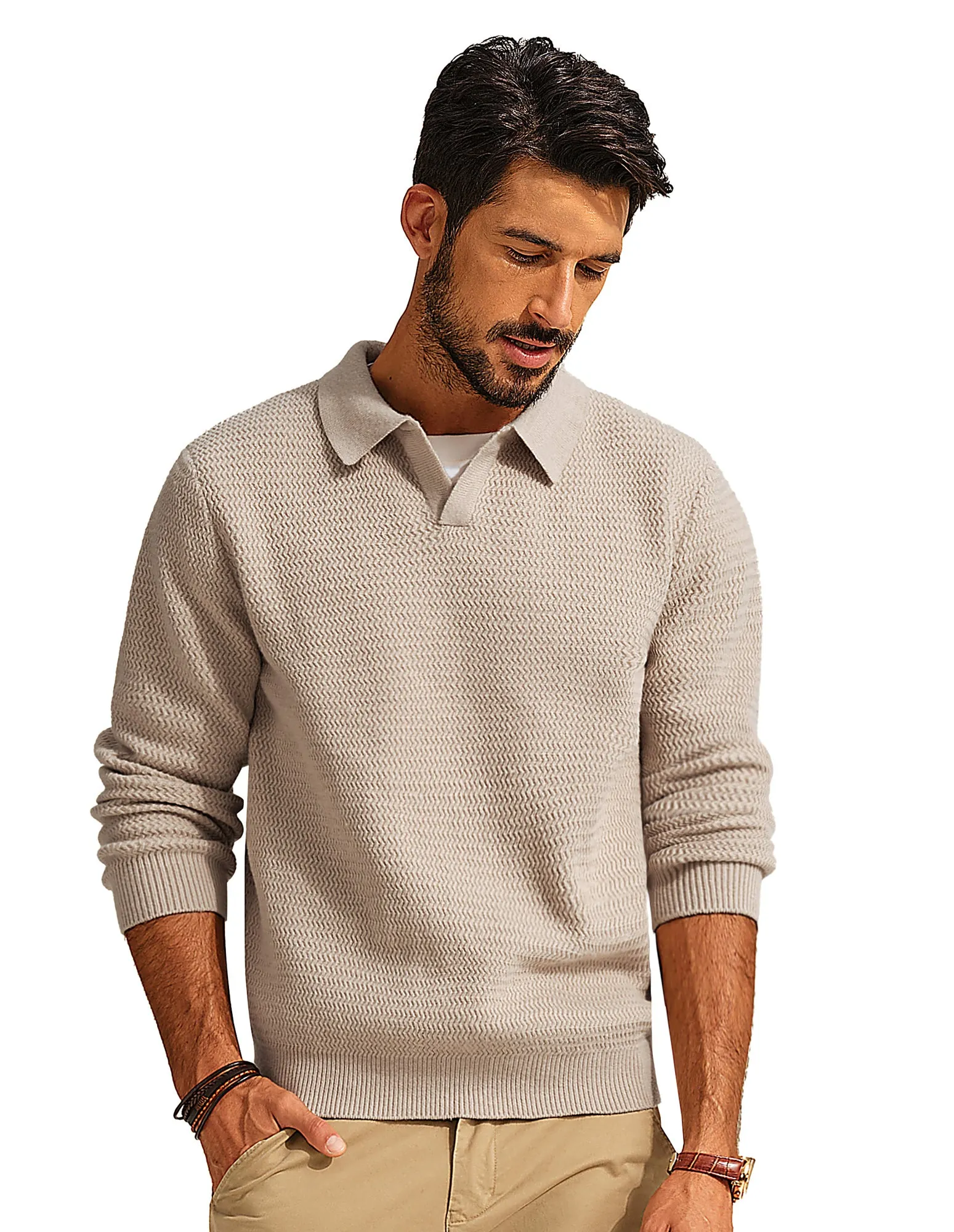 Men Fully Textured Sweater Long Sleeve Lapel Collar V-Neck Pullover Knitwear