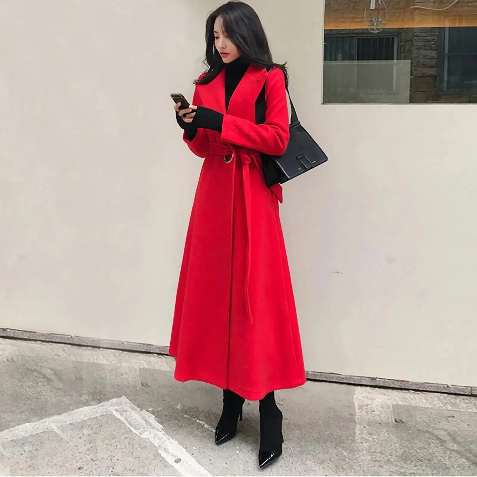 Metal Loop Belt Fit & Flare Wool Blend Coat