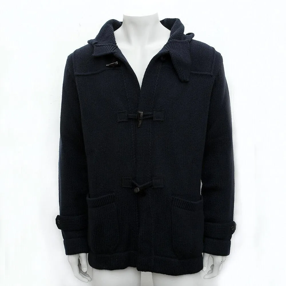 Navy Hooded Cashmere Cardigan With Horn Toggles