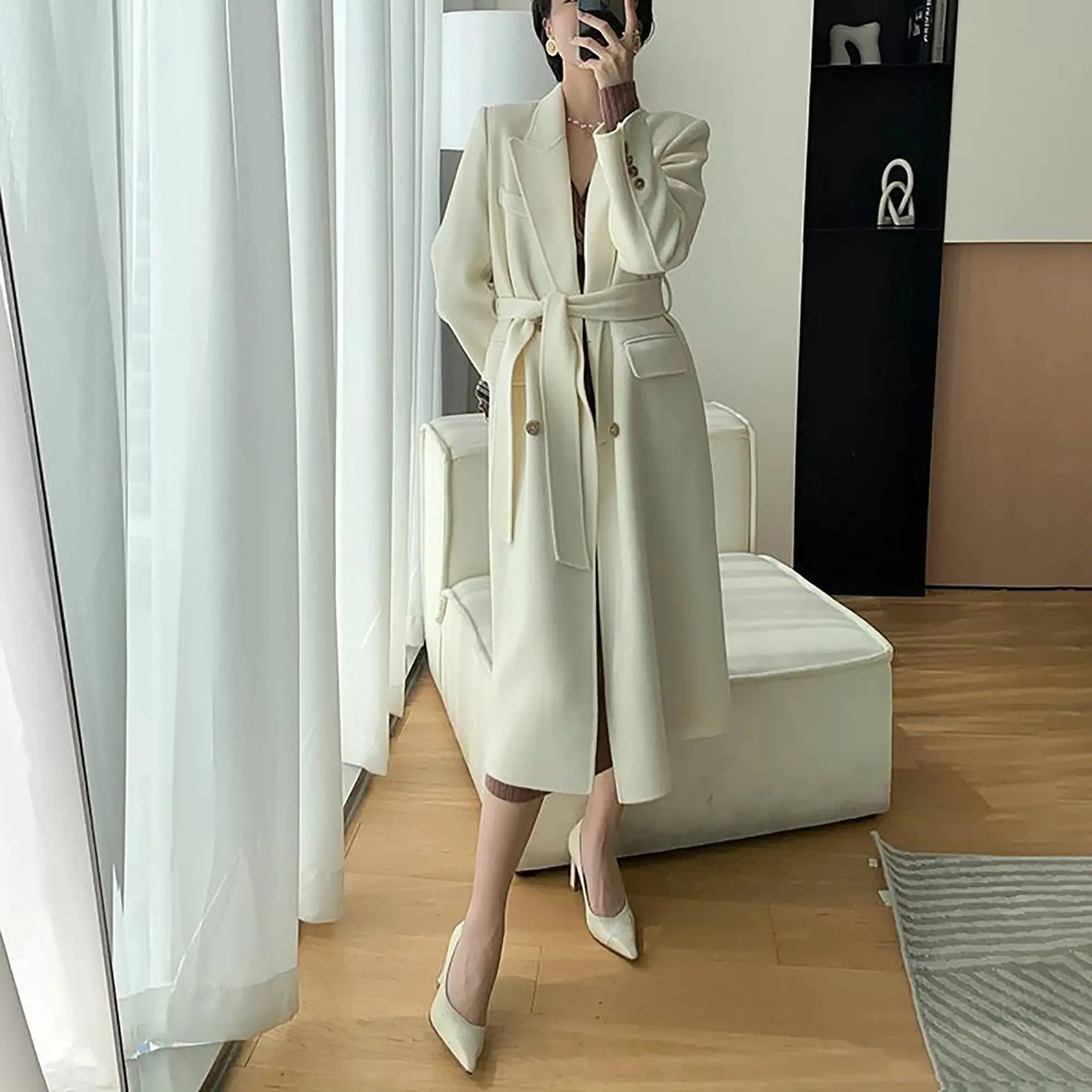 Off White Wool Blend Double Breasted Belted Coat