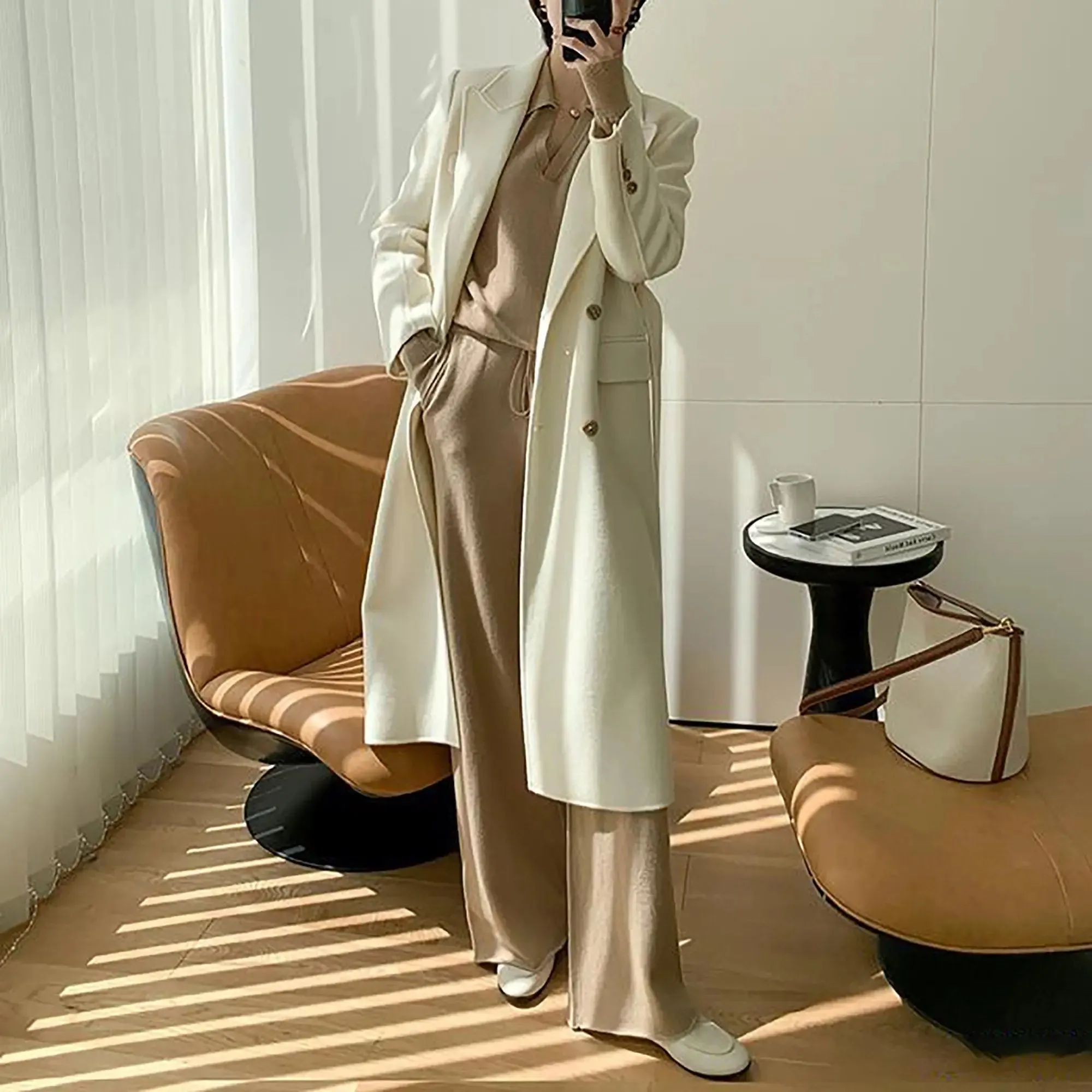 Off White Wool Blend Double Breasted Belted Coat