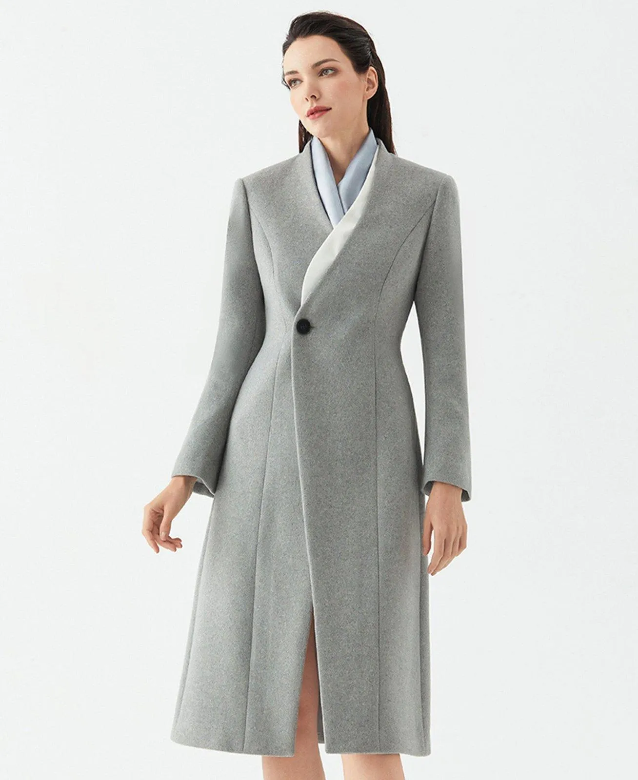 One Button Collarless Wool Blend Coat