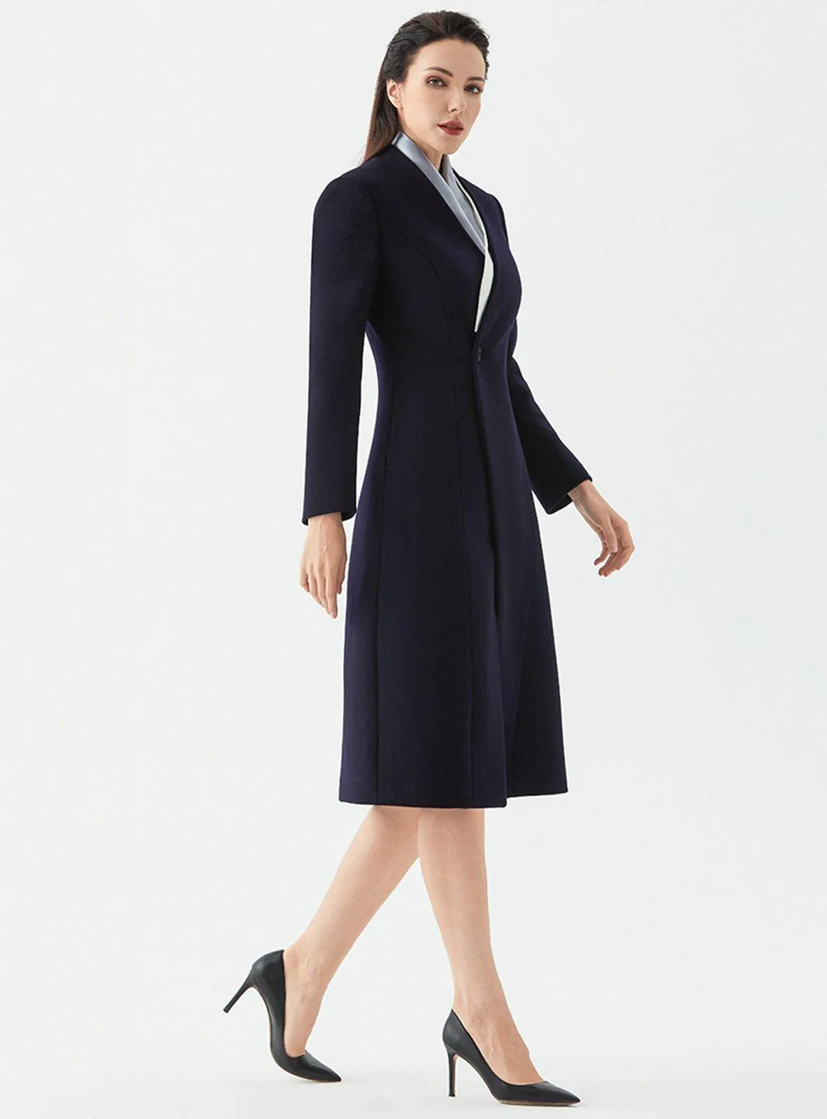 One Button Collarless Wool Blend Coat