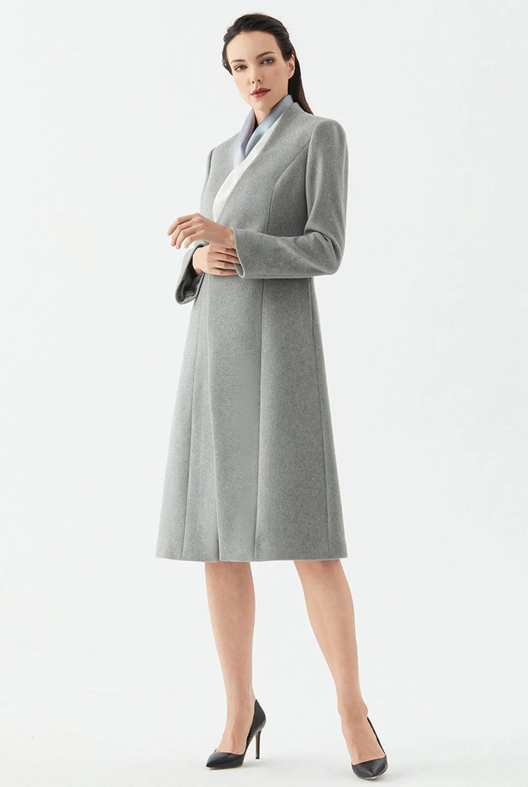 One Button Collarless Wool Blend Coat