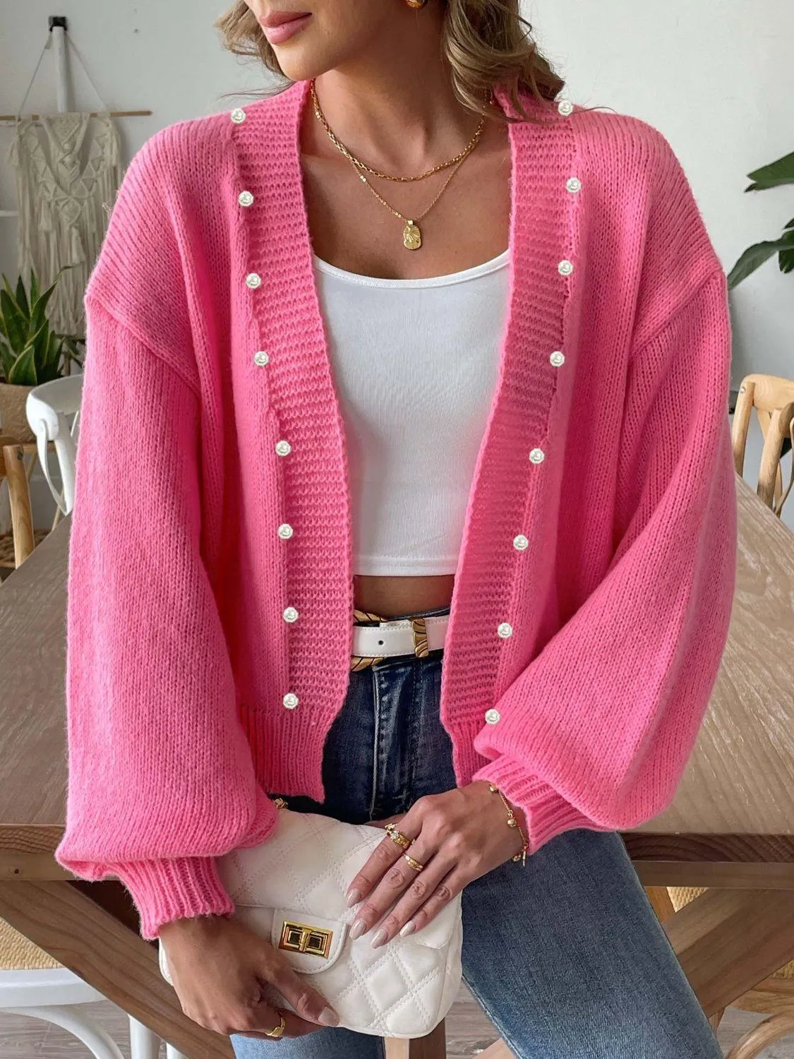 Pearl Cardigan Open Front Long Sleeve Soft Casual Knitwear