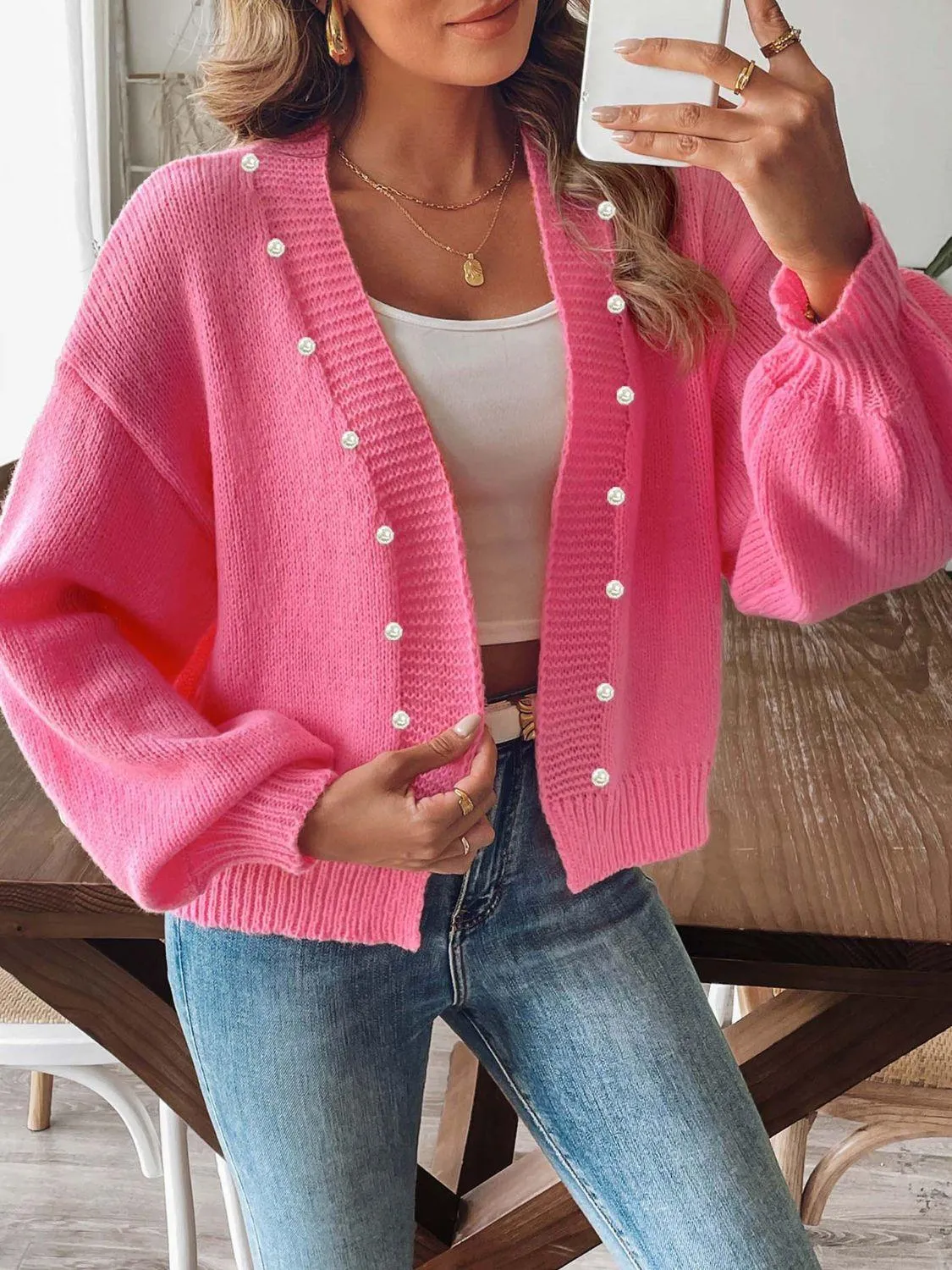 Pearl Cardigan Open Front Long Sleeve Soft Casual Knitwear