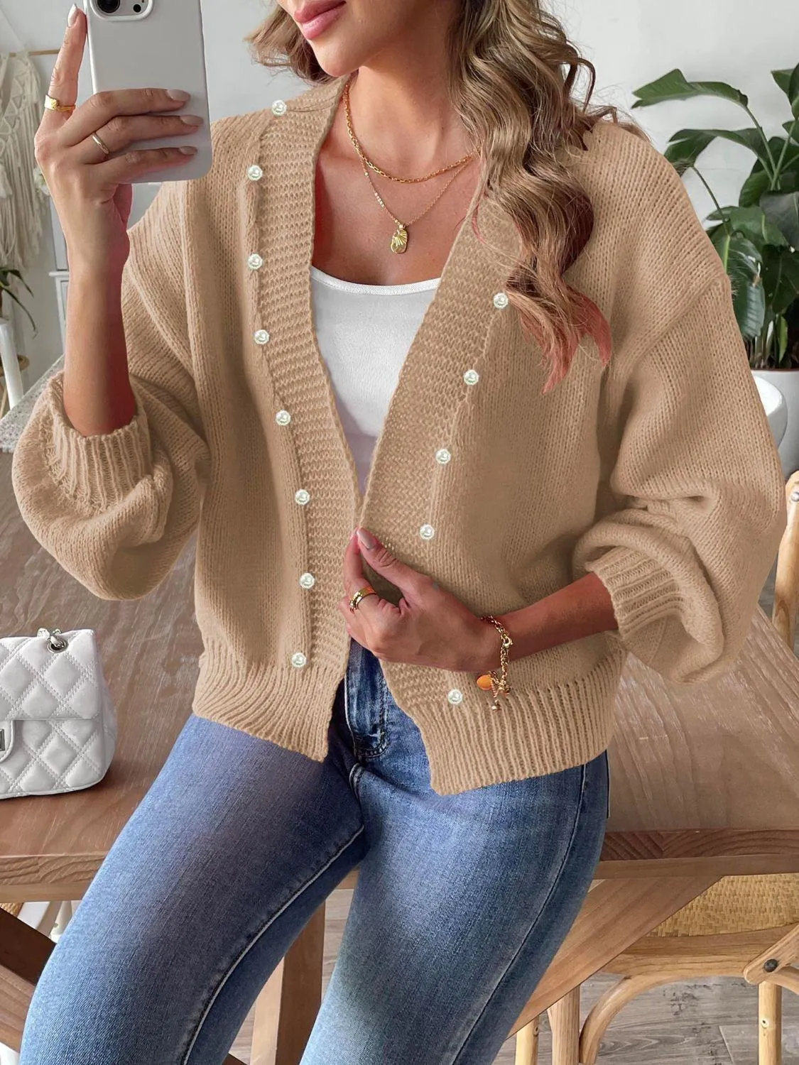 Pearl Cardigan Open Front Long Sleeve Soft Casual Knitwear