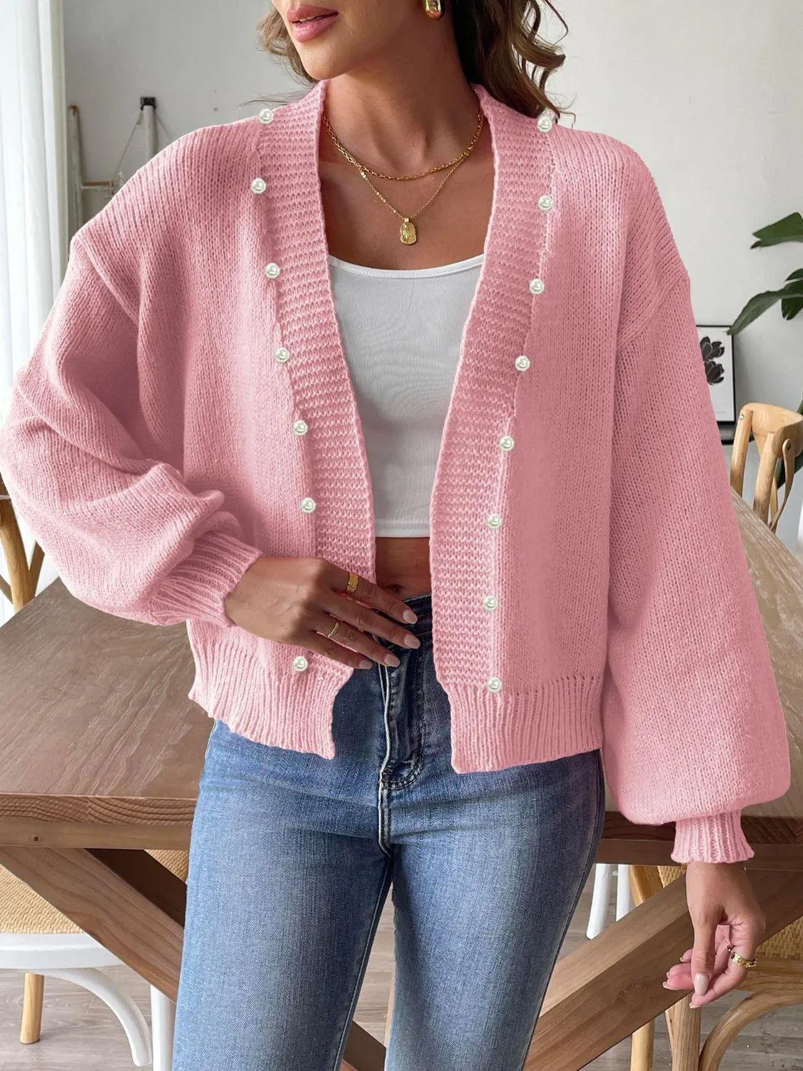 Pearl Cardigan Open Front Long Sleeve Soft Casual Knitwear