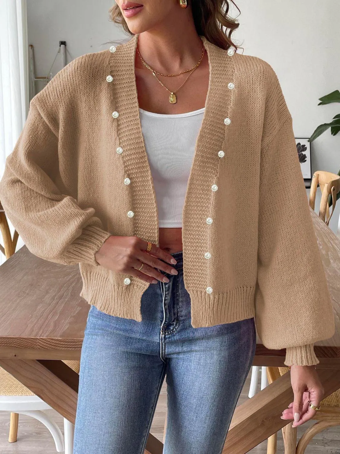 Pearl Cardigan Open Front Long Sleeve Soft Casual Knitwear