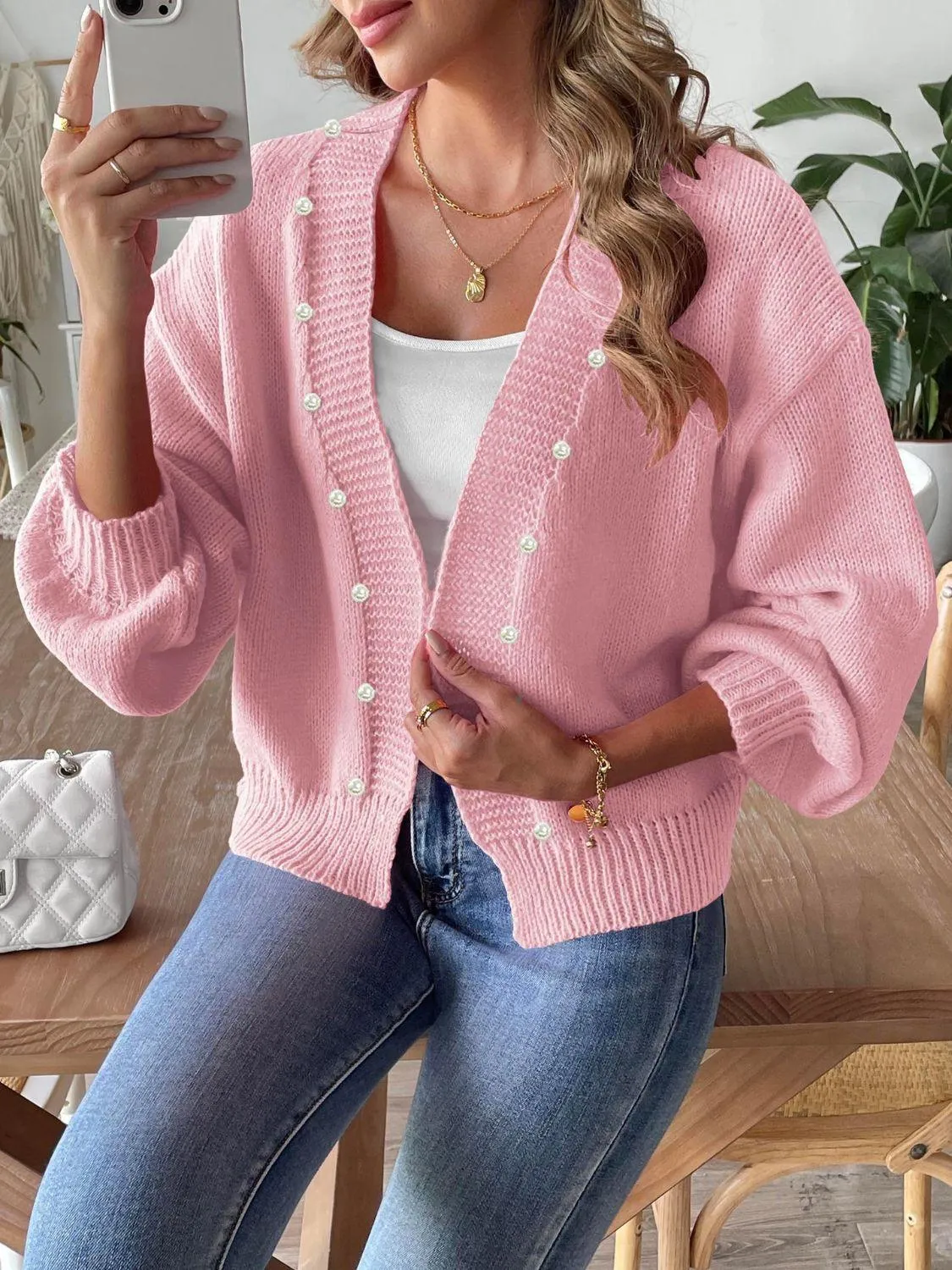 Pearl Cardigan Open Front Long Sleeve Soft Casual Knitwear