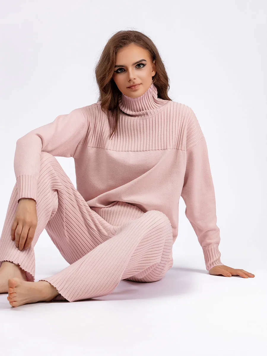 Pink Knitted Turtleneck Pullover Set