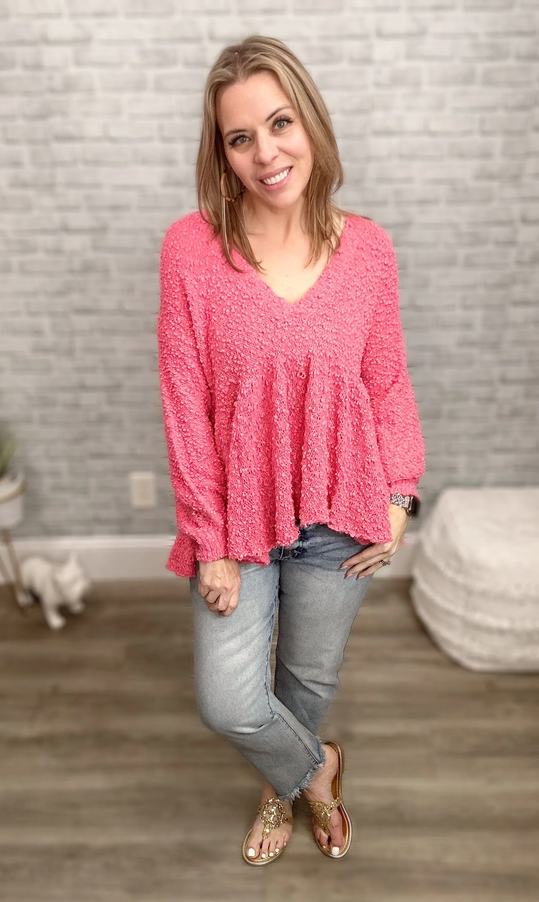 "Take a Spin" V-Neck Babydoll Sweater in Bubble Gum Pink {POL}