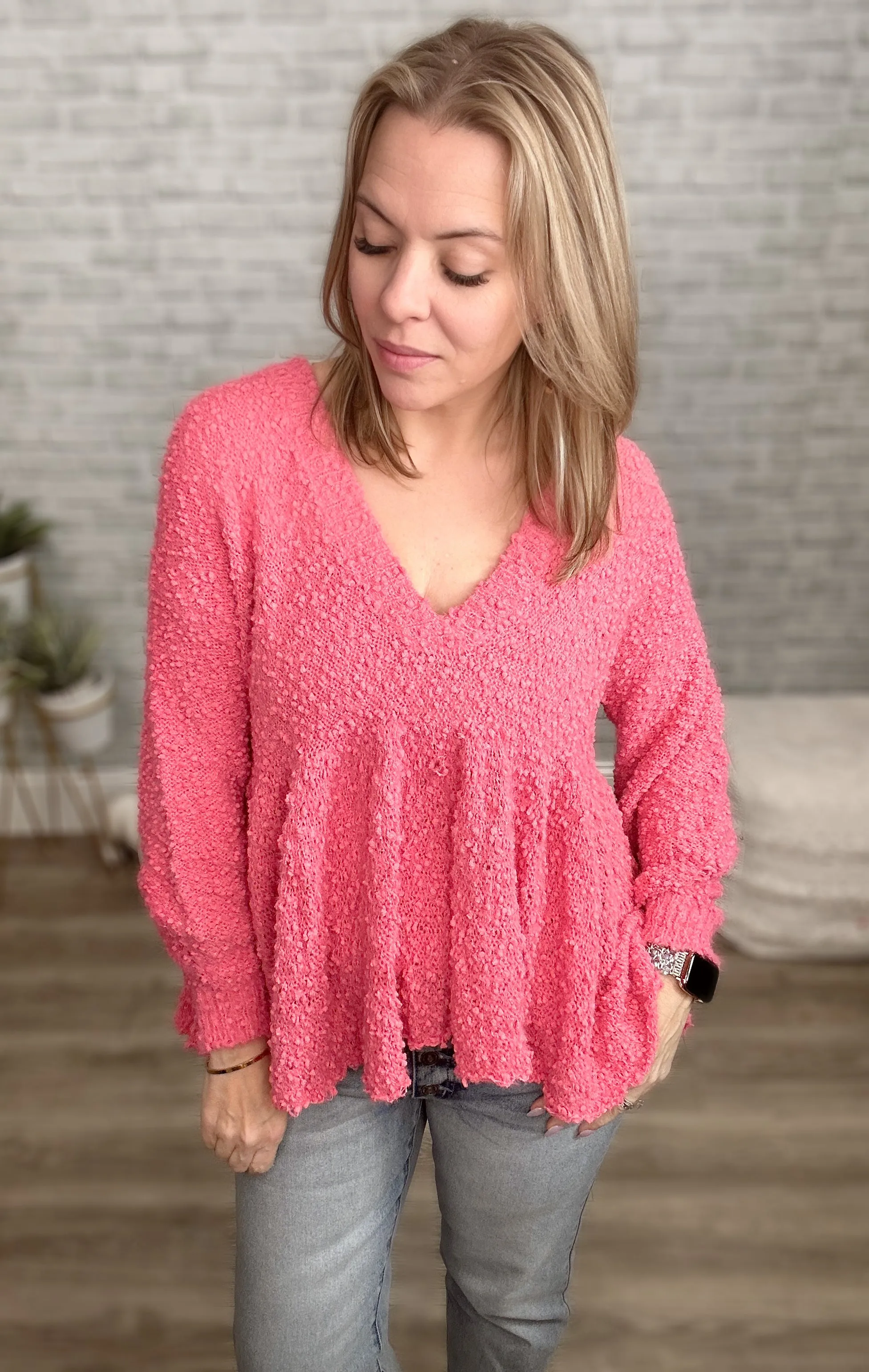 "Take a Spin" V-Neck Babydoll Sweater in Bubble Gum Pink {POL}