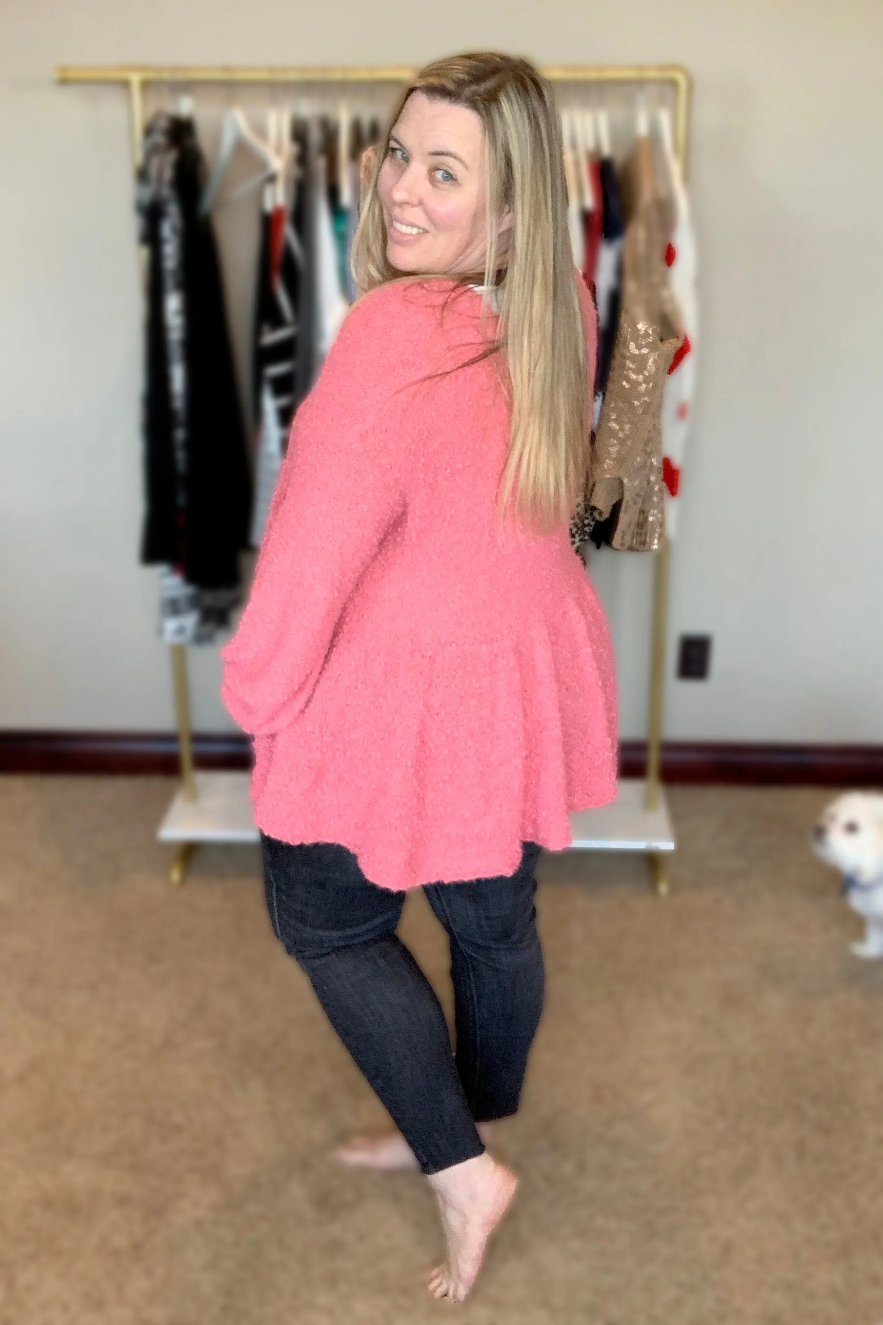 "Take a Spin" V-Neck Babydoll Sweater in Bubble Gum Pink {POL}