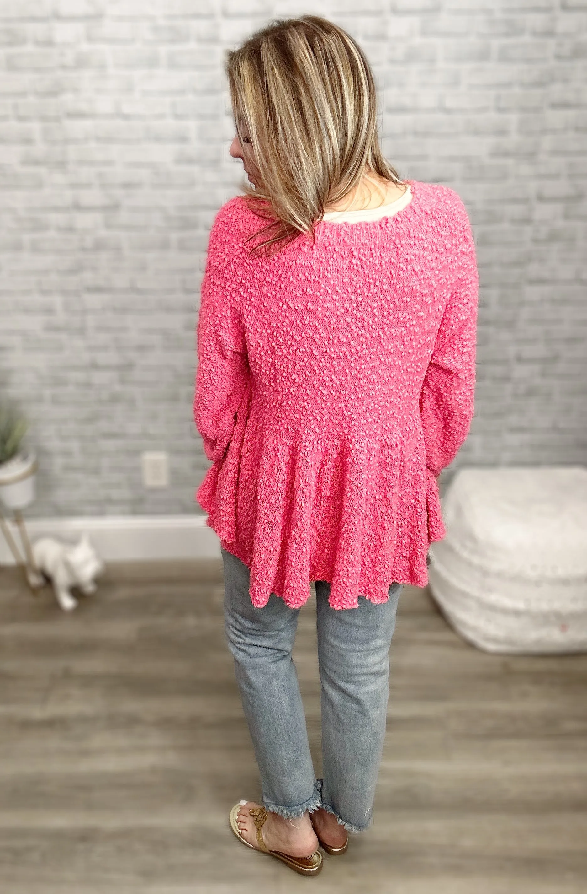 "Take a Spin" V-Neck Babydoll Sweater in Bubble Gum Pink {POL}