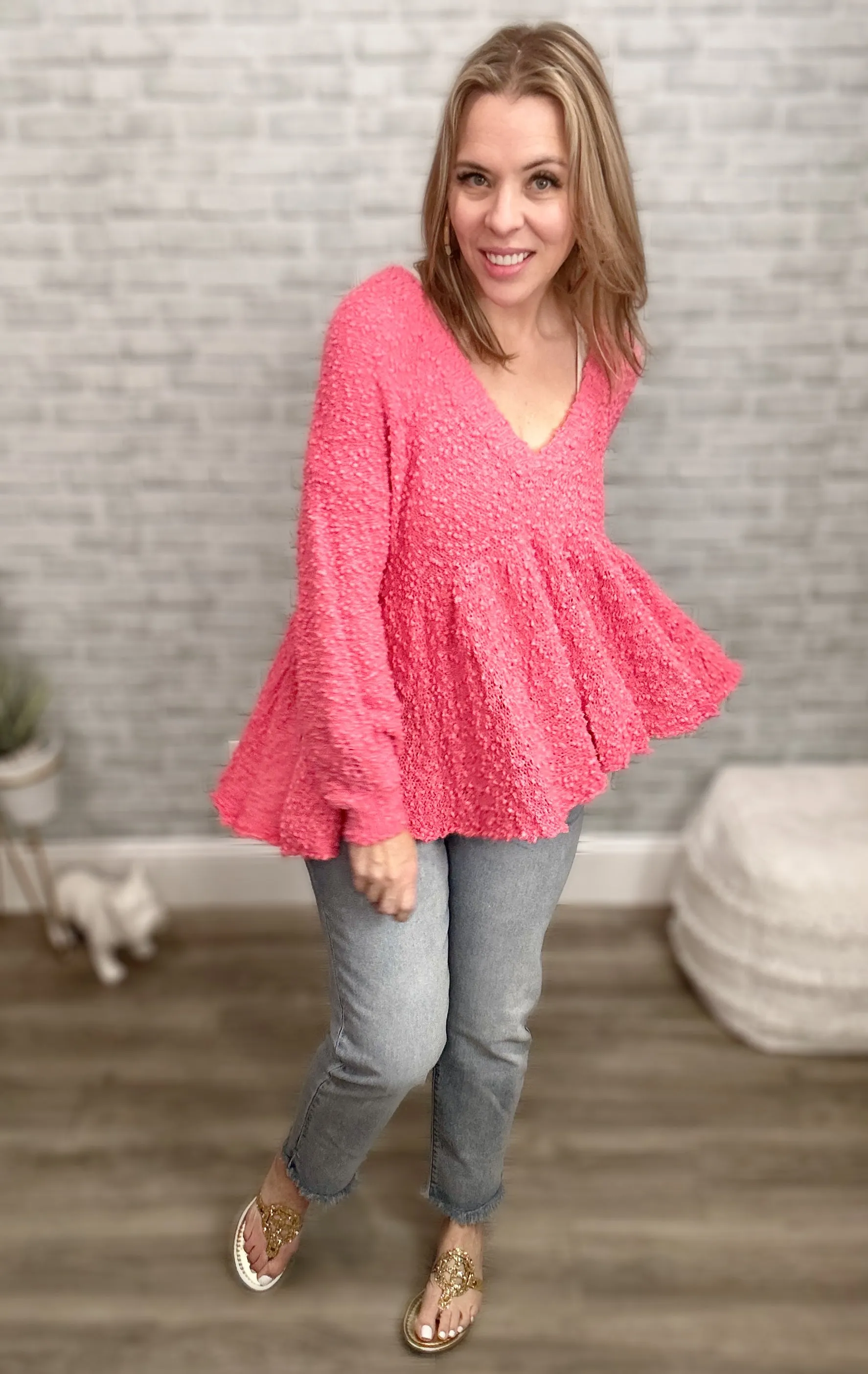 "Take a Spin" V-Neck Babydoll Sweater in Bubble Gum Pink {POL}