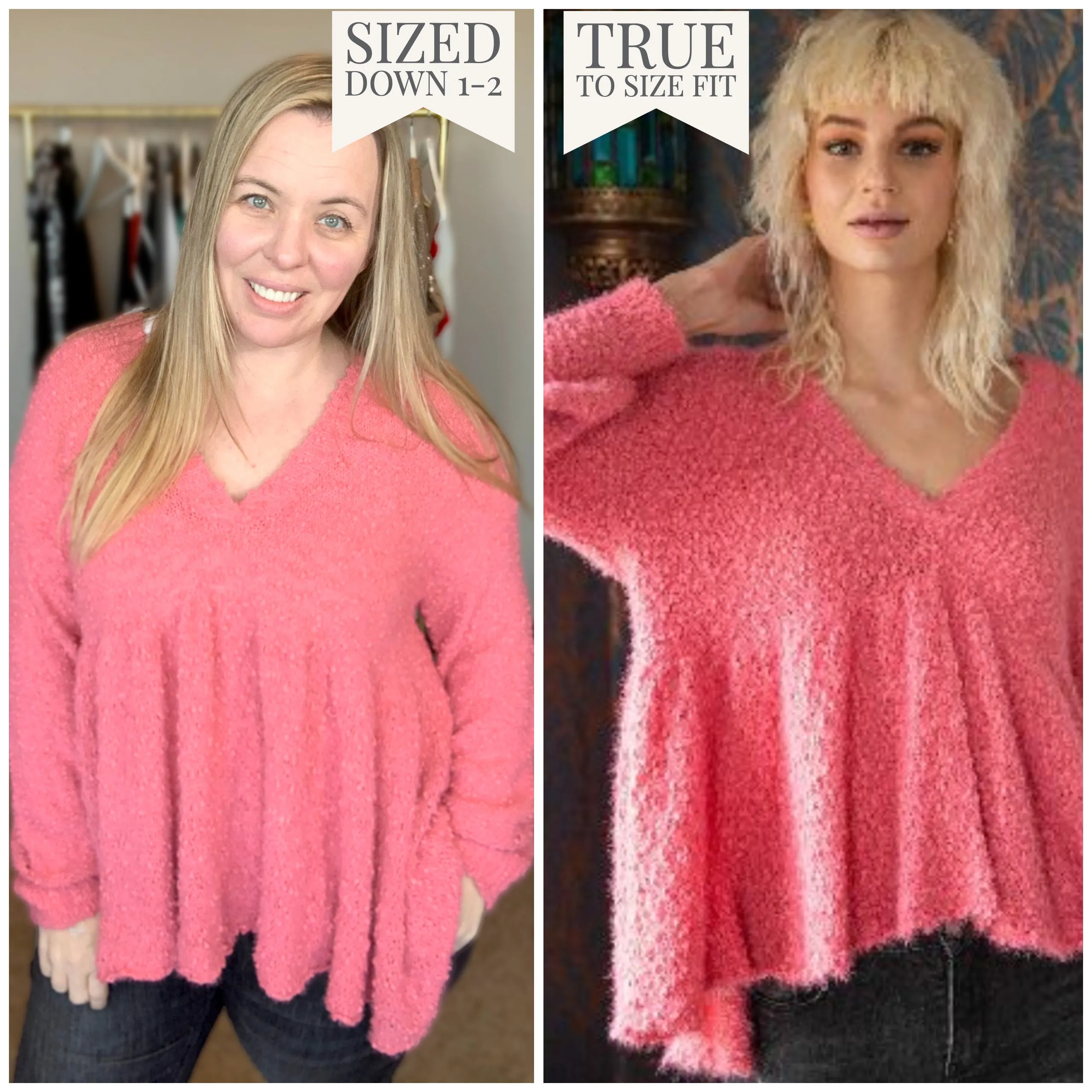 "Take a Spin" V-Neck Babydoll Sweater in Bubble Gum Pink {POL}