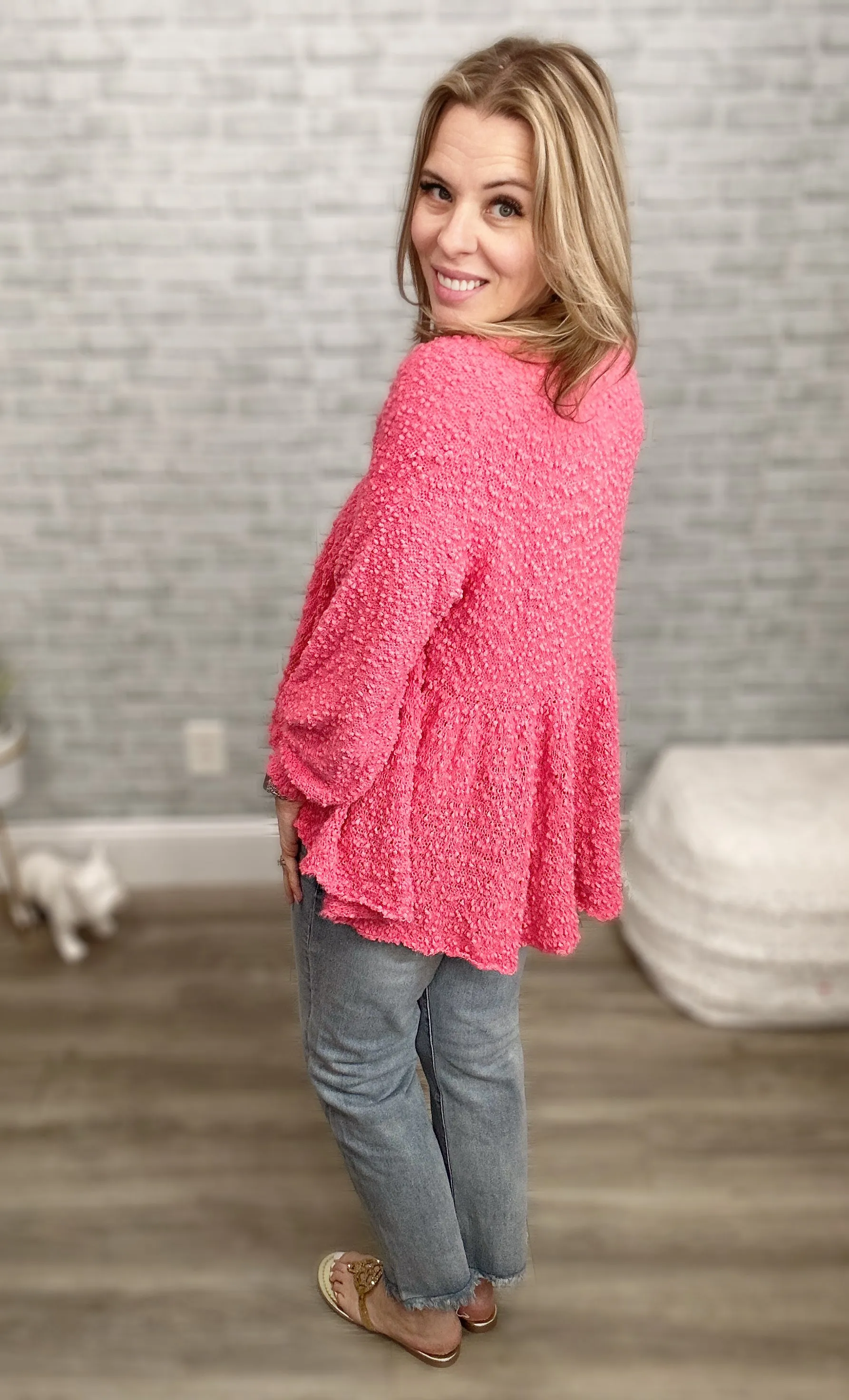 "Take a Spin" V-Neck Babydoll Sweater in Bubble Gum Pink {POL}