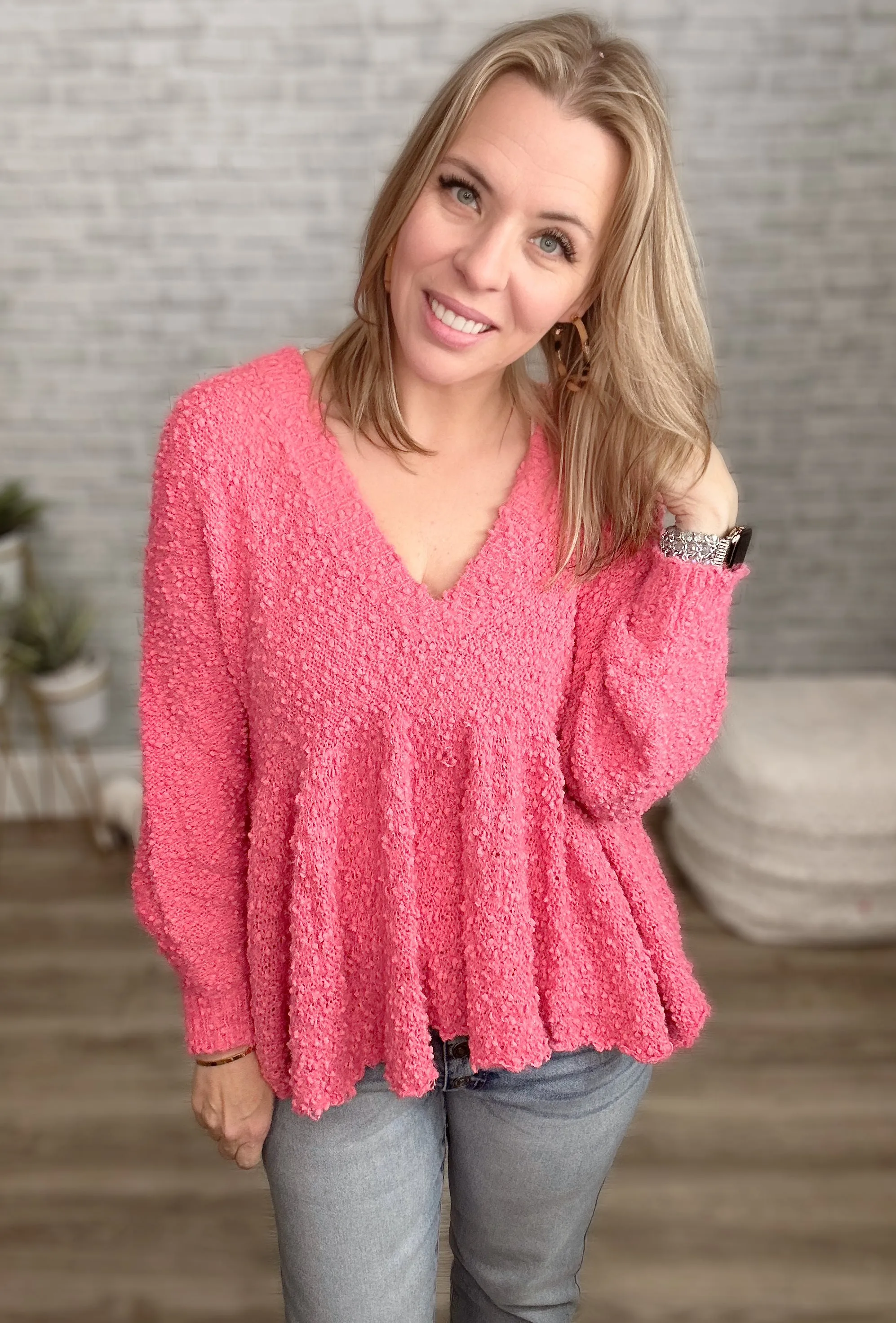 "Take a Spin" V-Neck Babydoll Sweater in Bubble Gum Pink {POL}