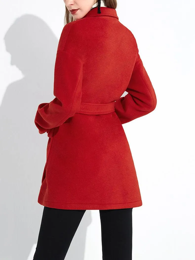 Red Wool Blend Belted Coat