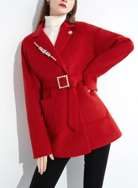 Red Wool Blend Belted Coat