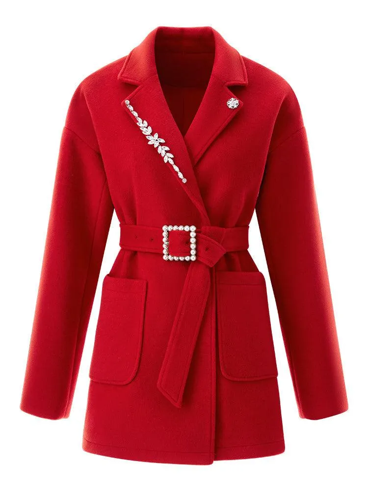 Red Wool Blend Belted Coat