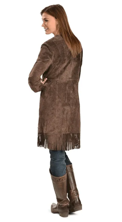 Scully Women's Brown Suede Leather Coat w/Fringe and Turquoise Stud Details L165