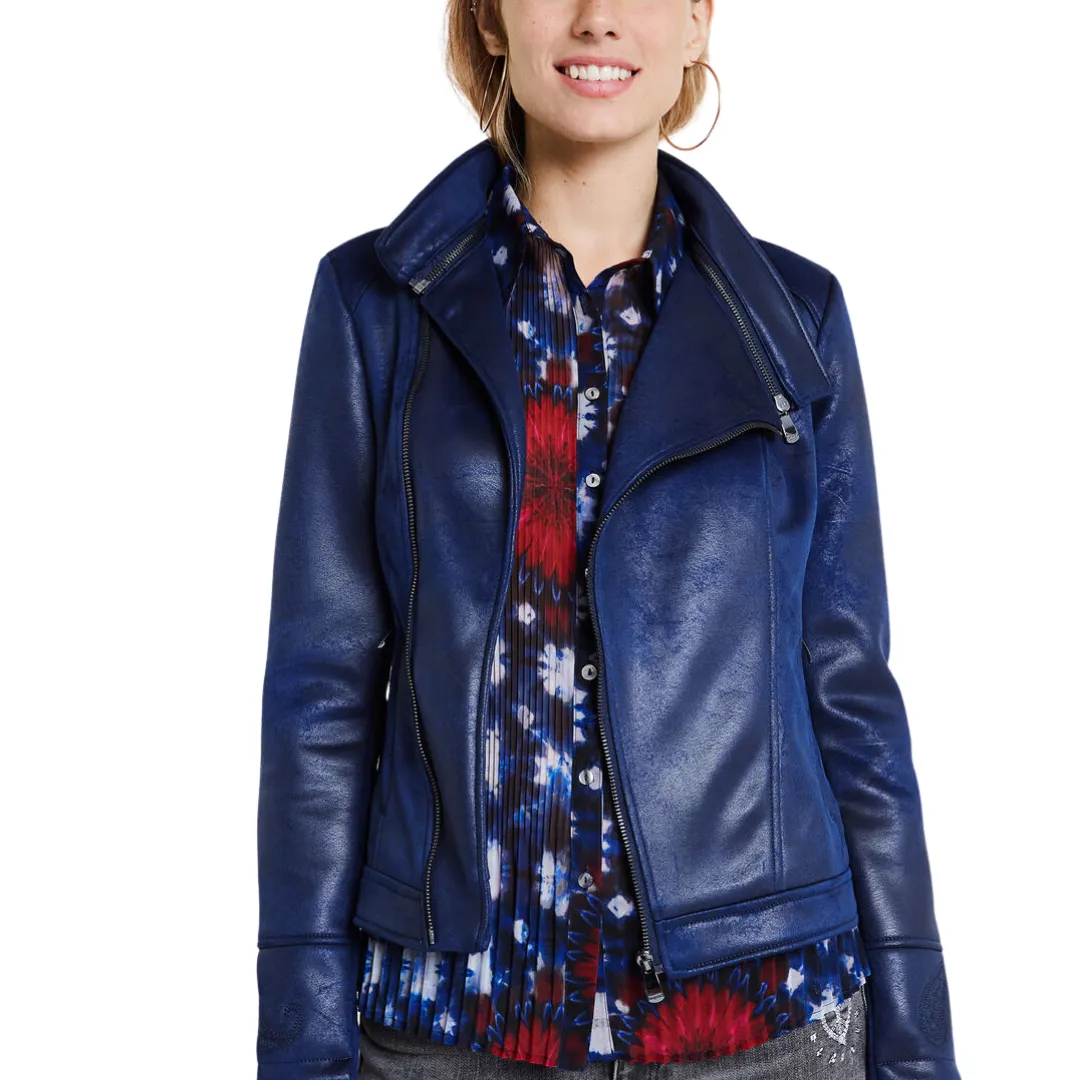 Slim Biker Jacket w/ Embroidery - Jean